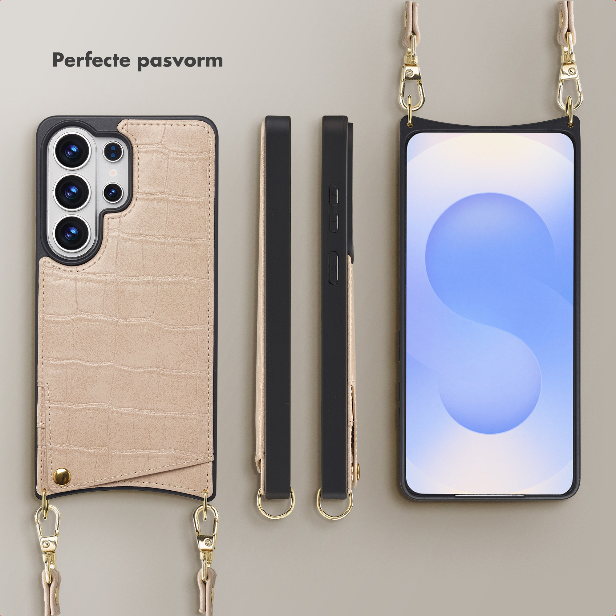 Une coque de téléphone beige texturée crocodile avec caméras.