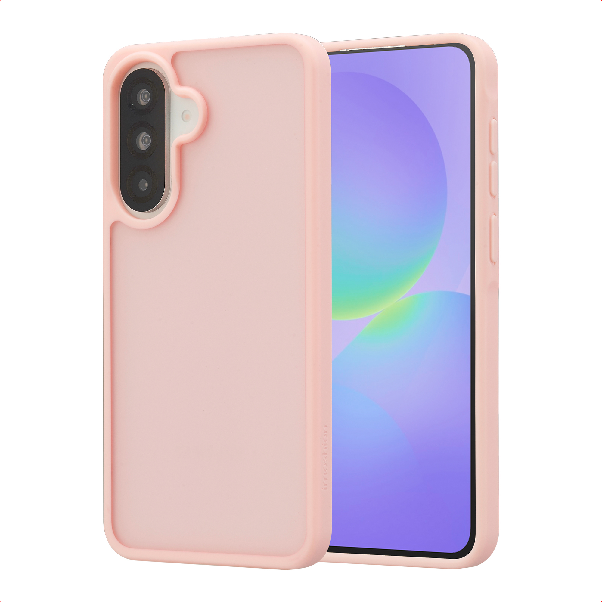 Een roze telefoonhoesje met drievoudige camera aan de linkerkant.