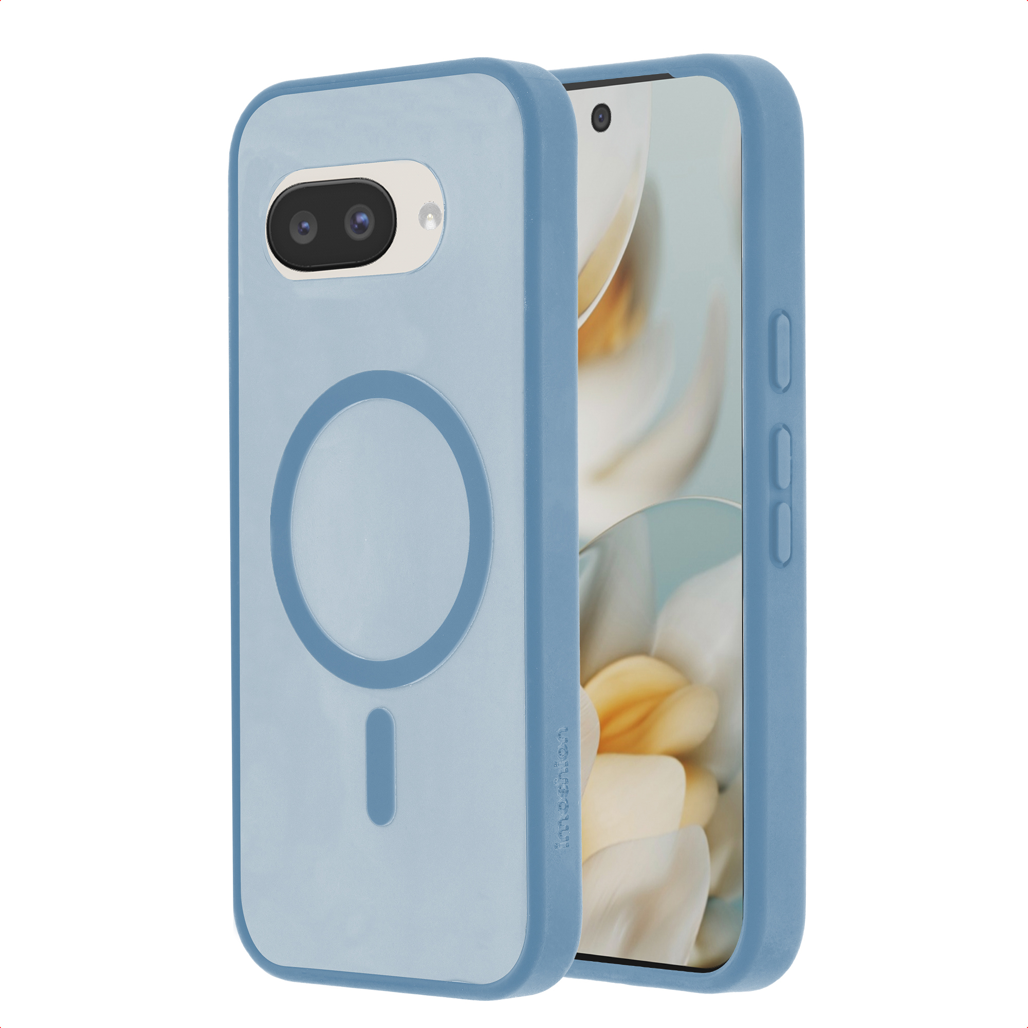 Een blauwe telefoonhoes met een cirkel en lijnpatroon.