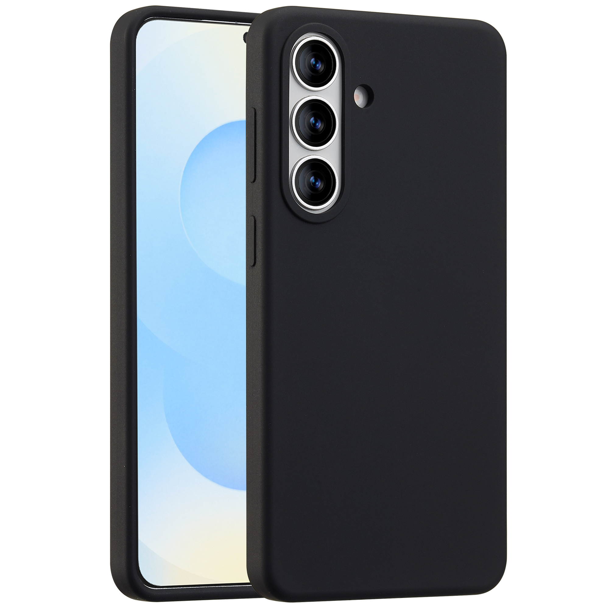 Zwarte telefoon met drievoudige camera aan de achterkant.