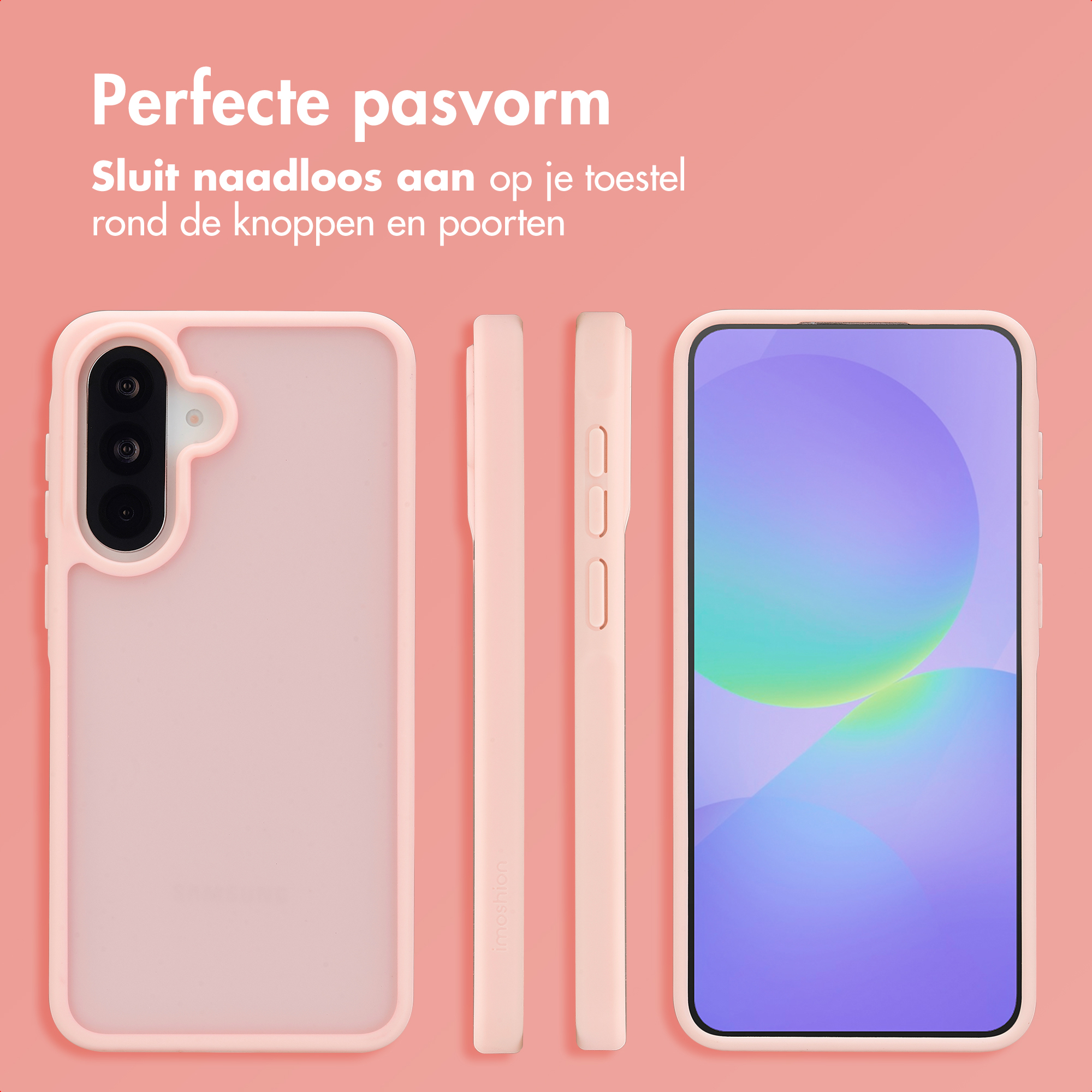 Een roze telefoonhoesje en smartphone op een roze achtergrond.