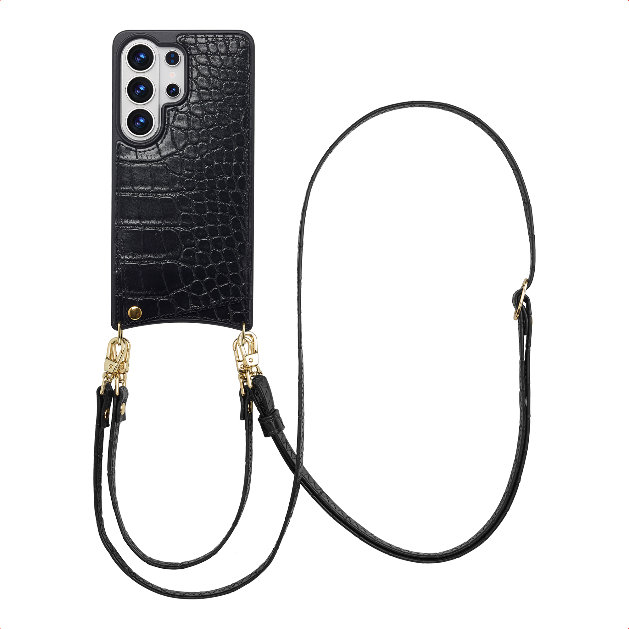 Zwarte krokodillenleren telefoonhoes met koord.