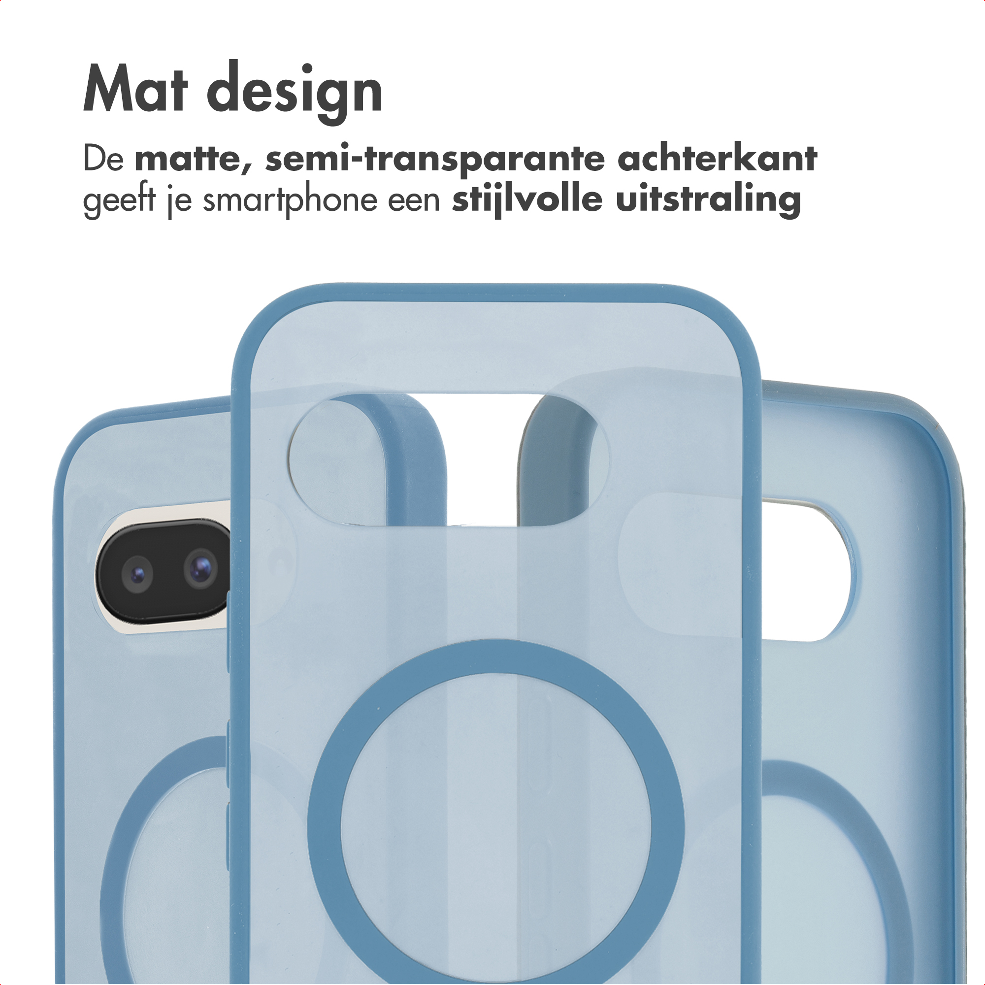 Matte, semi-transparante blauwe telefoonhoesjes met camera-uitsparing.