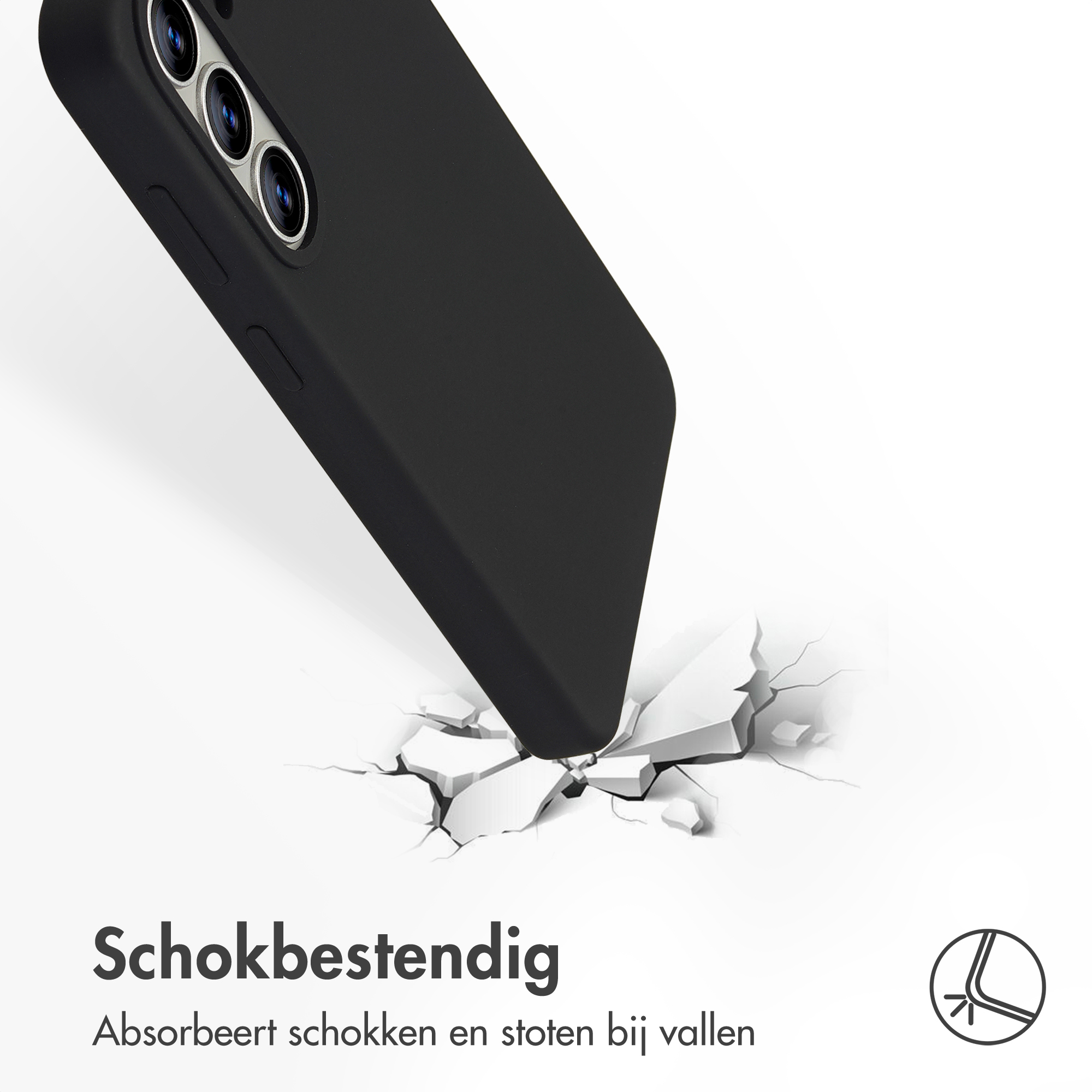 Zwarte telefoonhoes breekt door witte ondergrond. Schokbestendig.