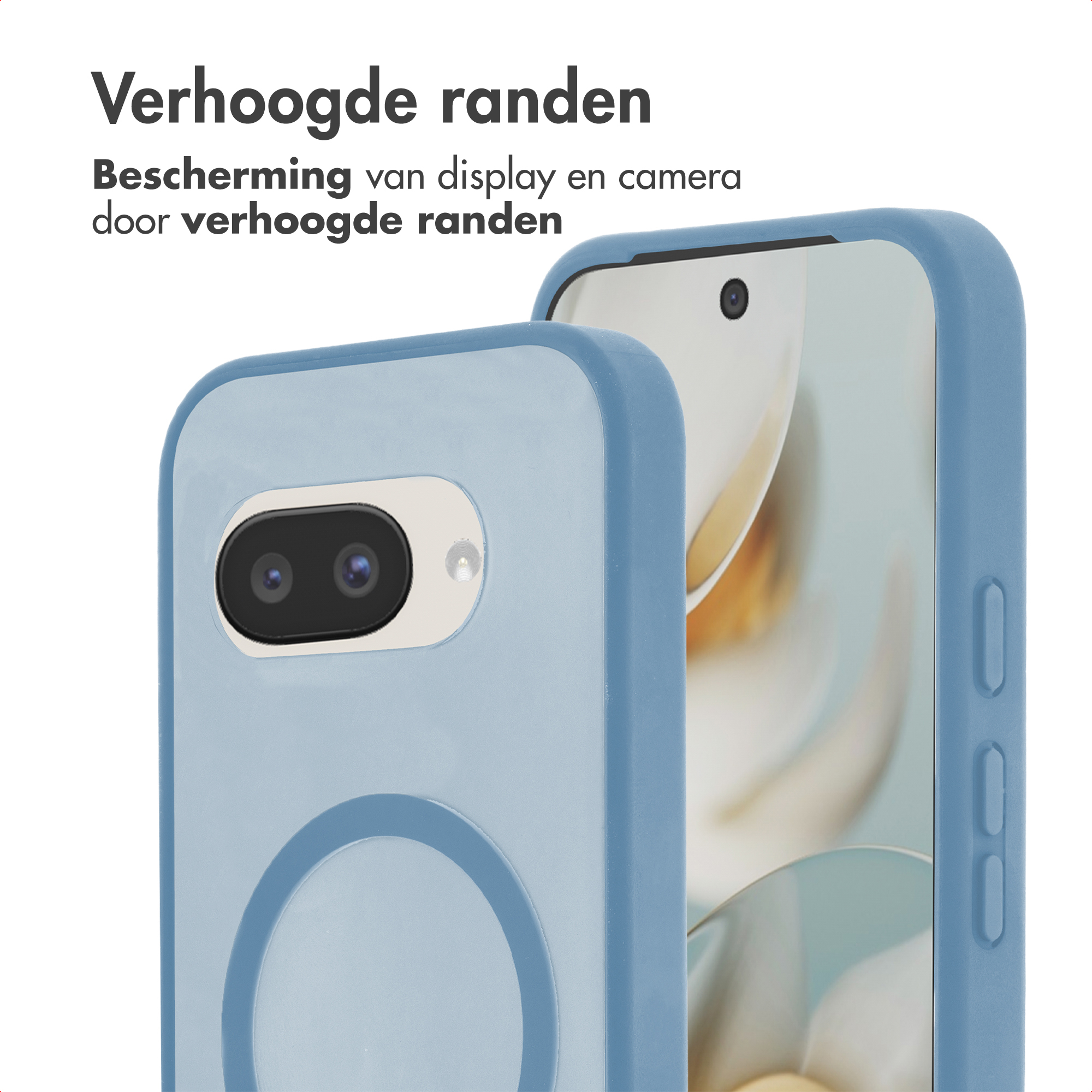 Blauwe telefoonhoes met verhoogde randen toont cameramodule en scherm.