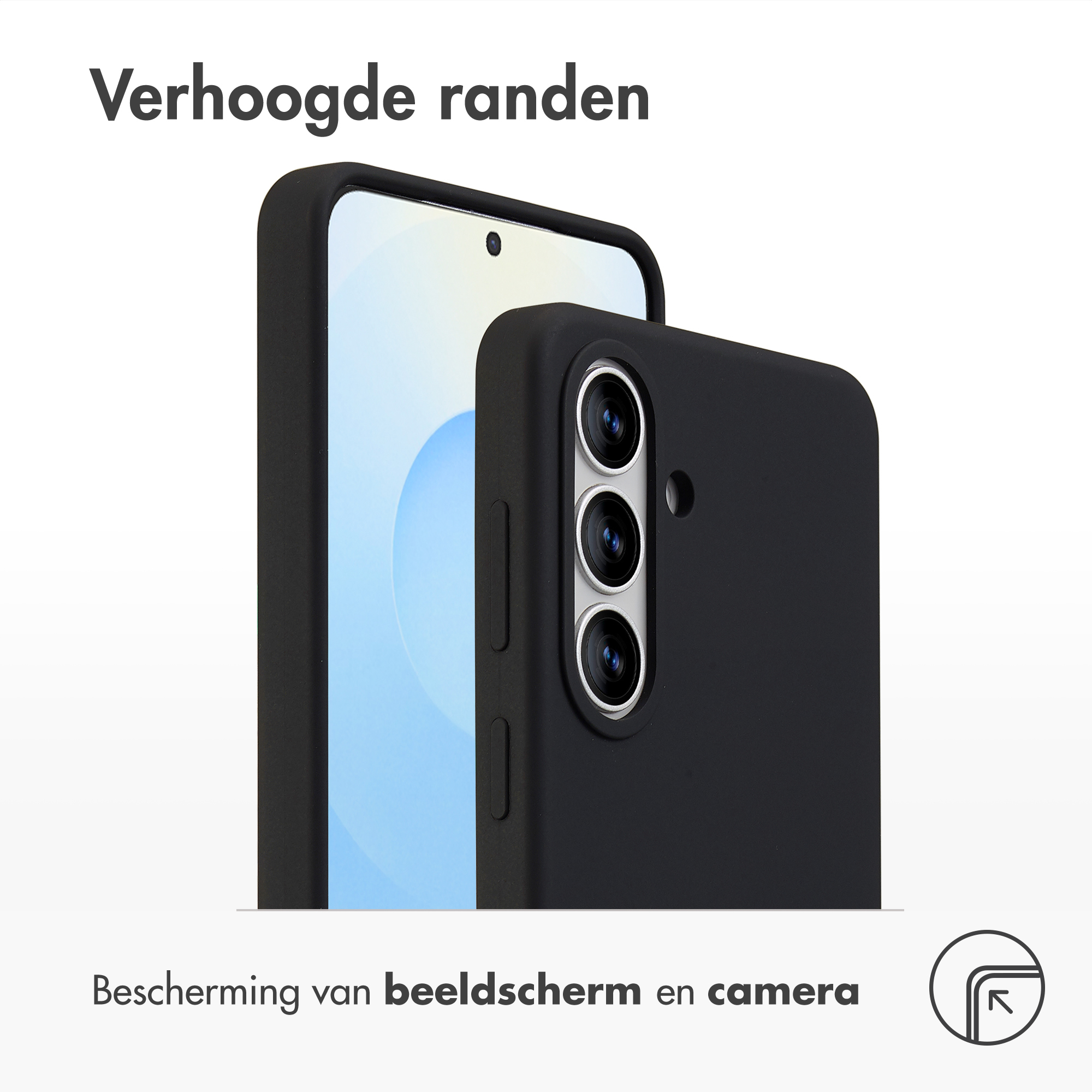 Zwart telefoonhoesje met verhoogde randen, beschermt scherm en camera.