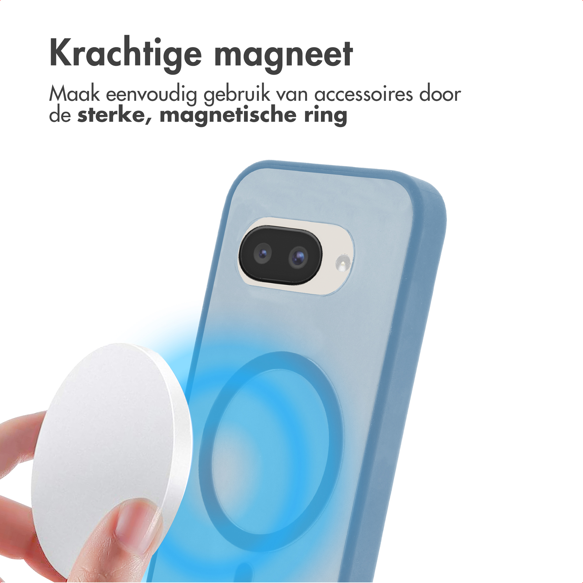 Een witte magneetring wordt bevestigd aan een blauwe telefoonhoes.