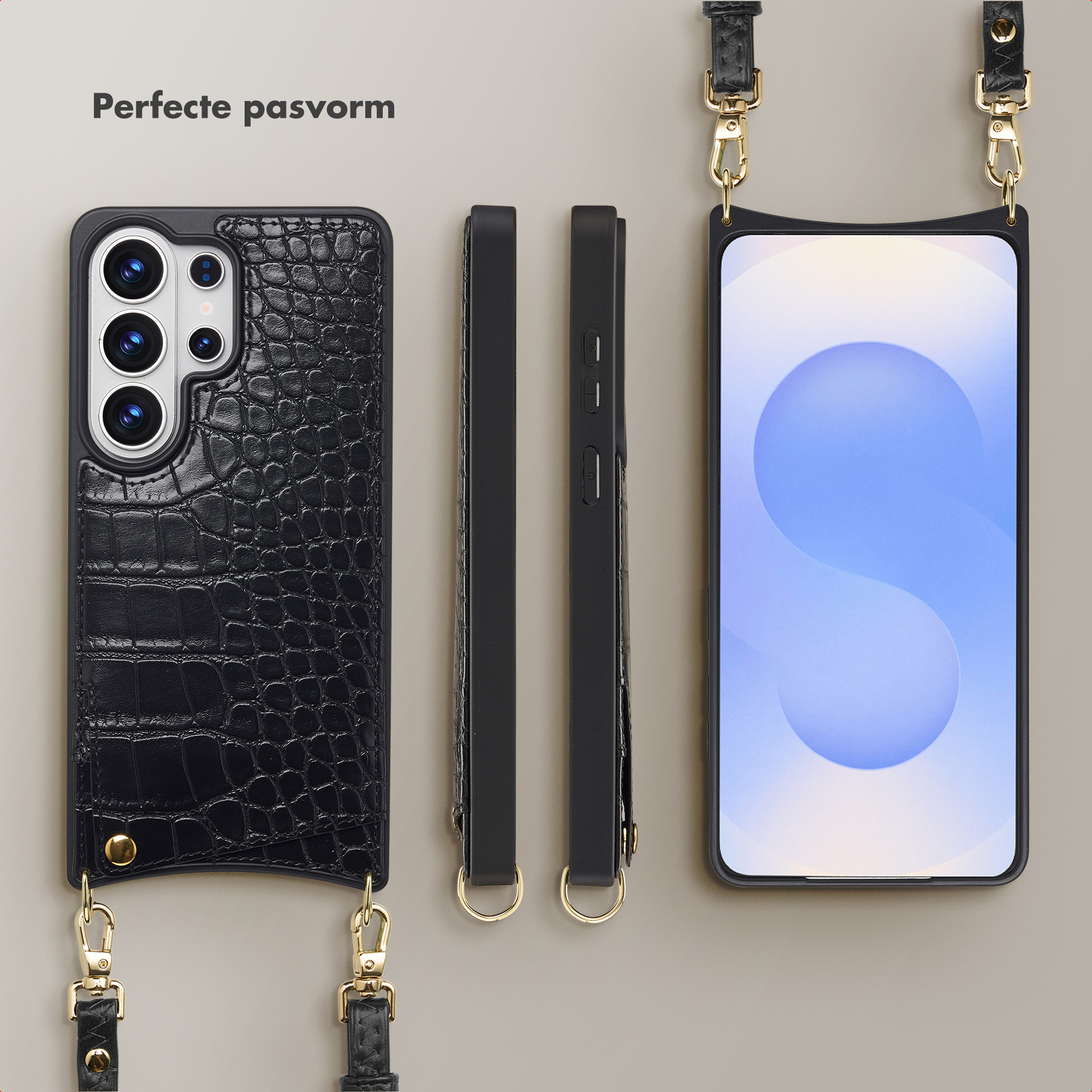 Zwarte krokodillenleren telefoonhoes met cameralensbescherming en koord.