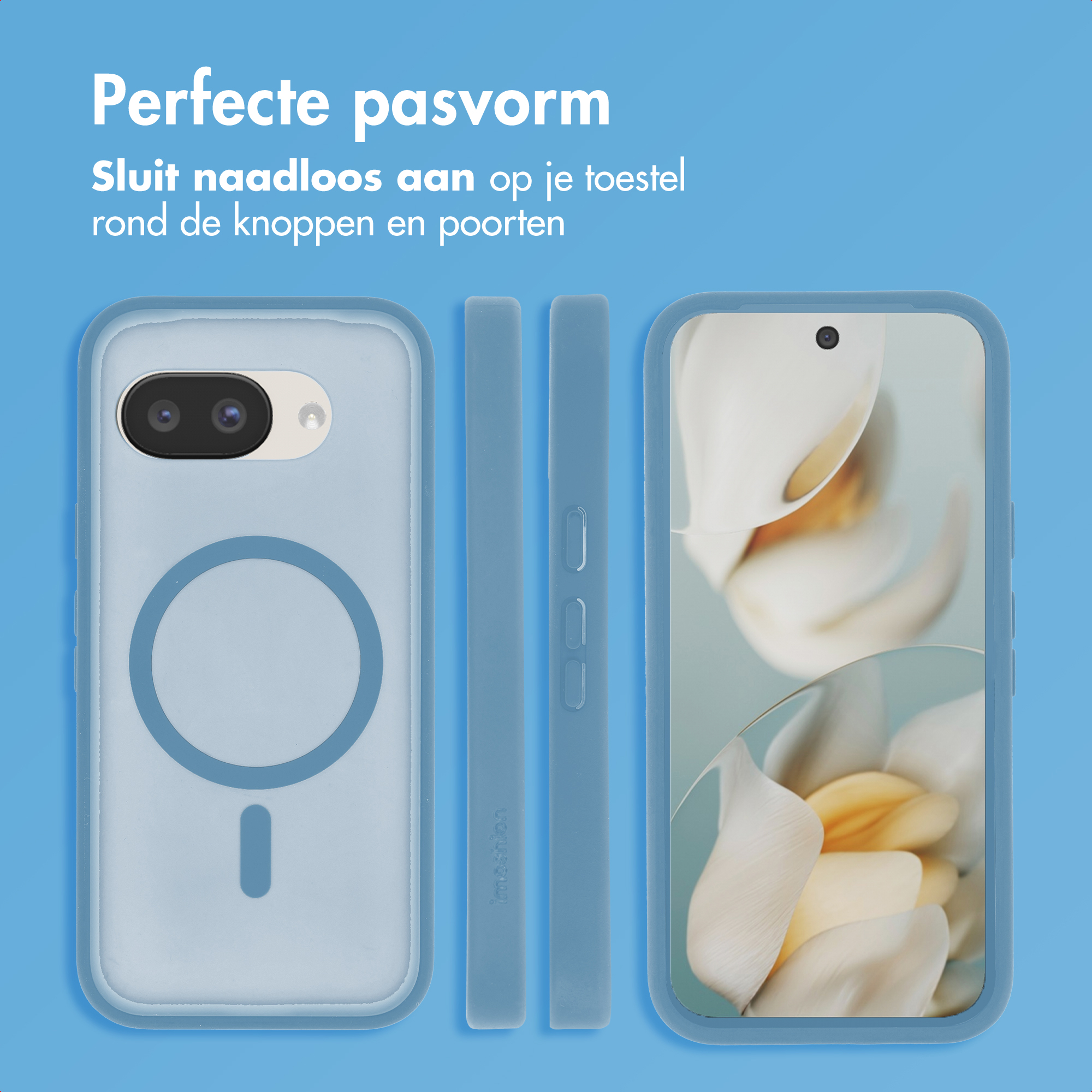 Blauwe telefoonhoes met cirkel- en streepjespatroon. Een smartphone is geplaatst.