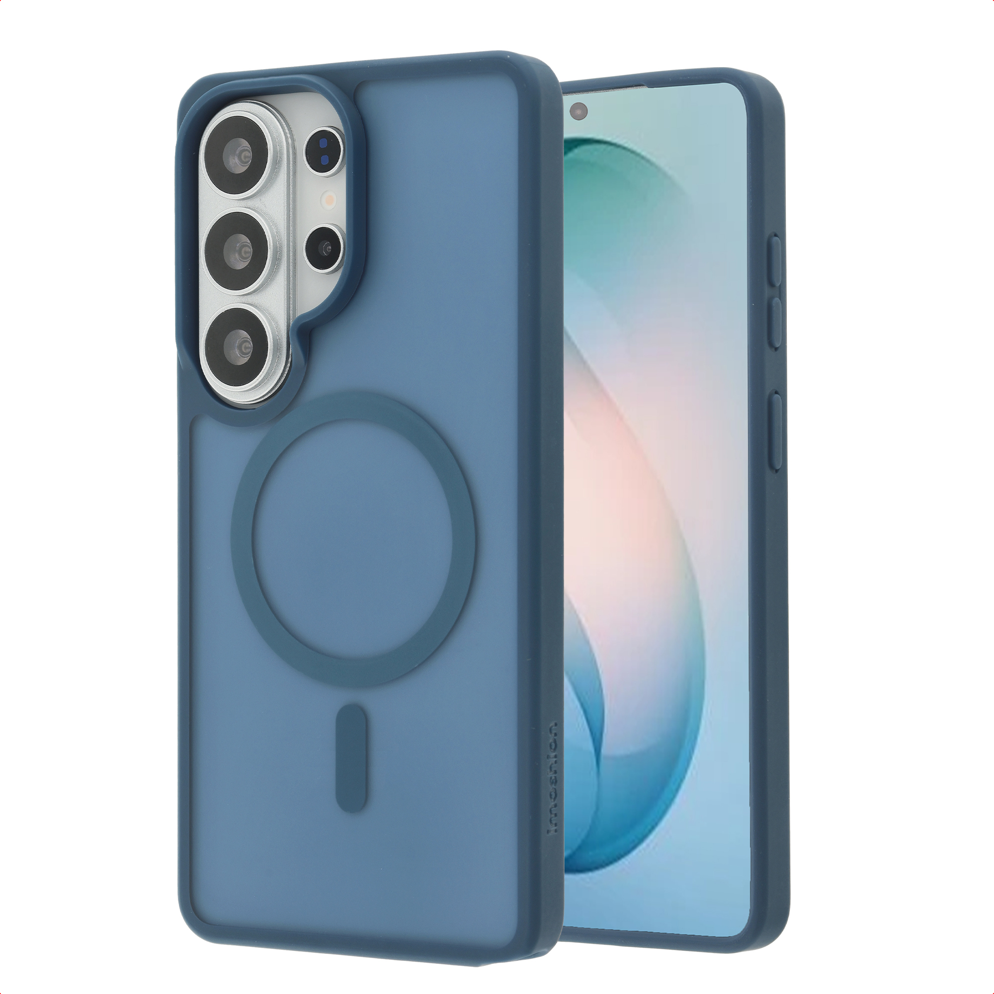 Blauw telefoonhoesje met magnetische ring en camera-uitsparing.