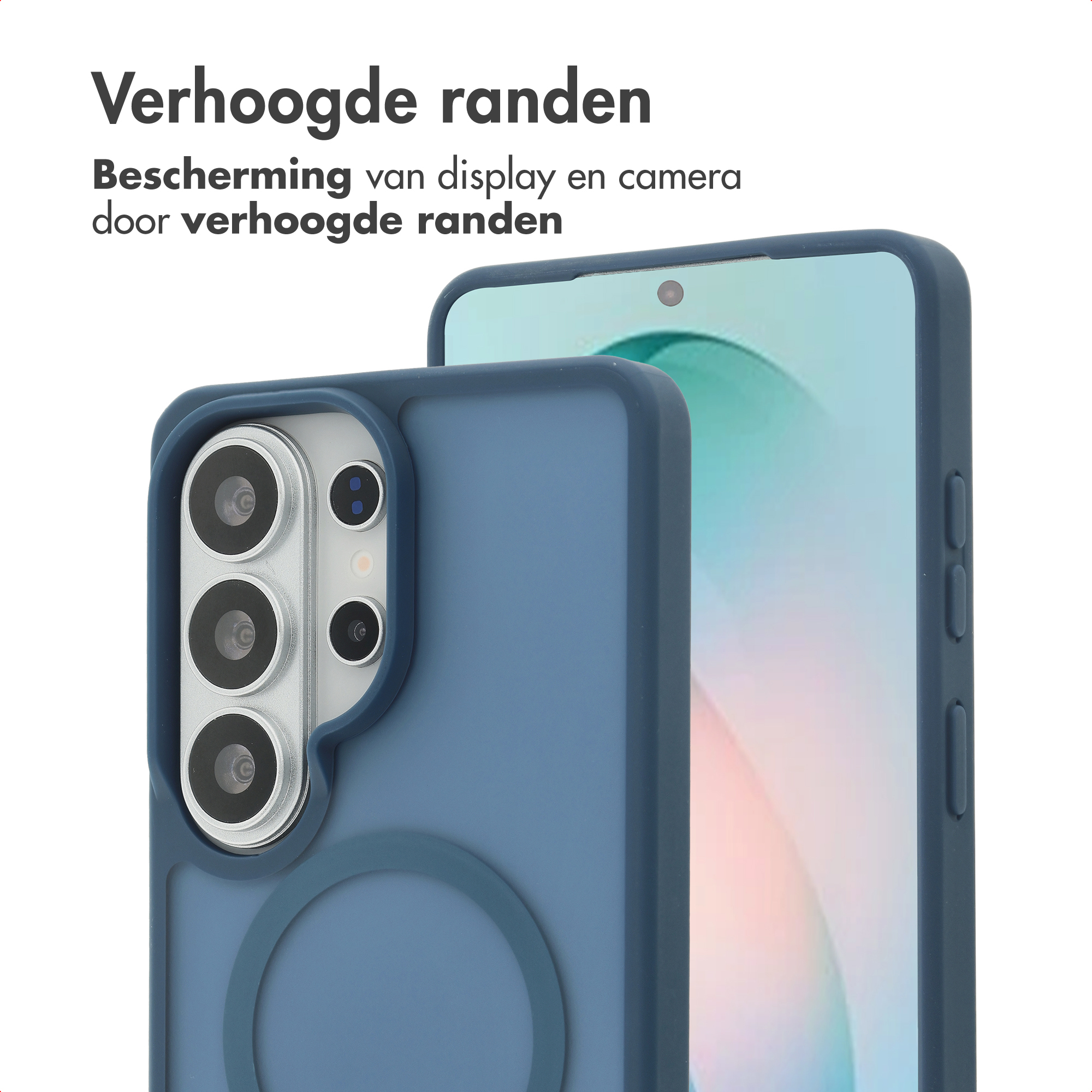 Blauw telefoonhoesje met verhoogde randen beschermt camera en display.