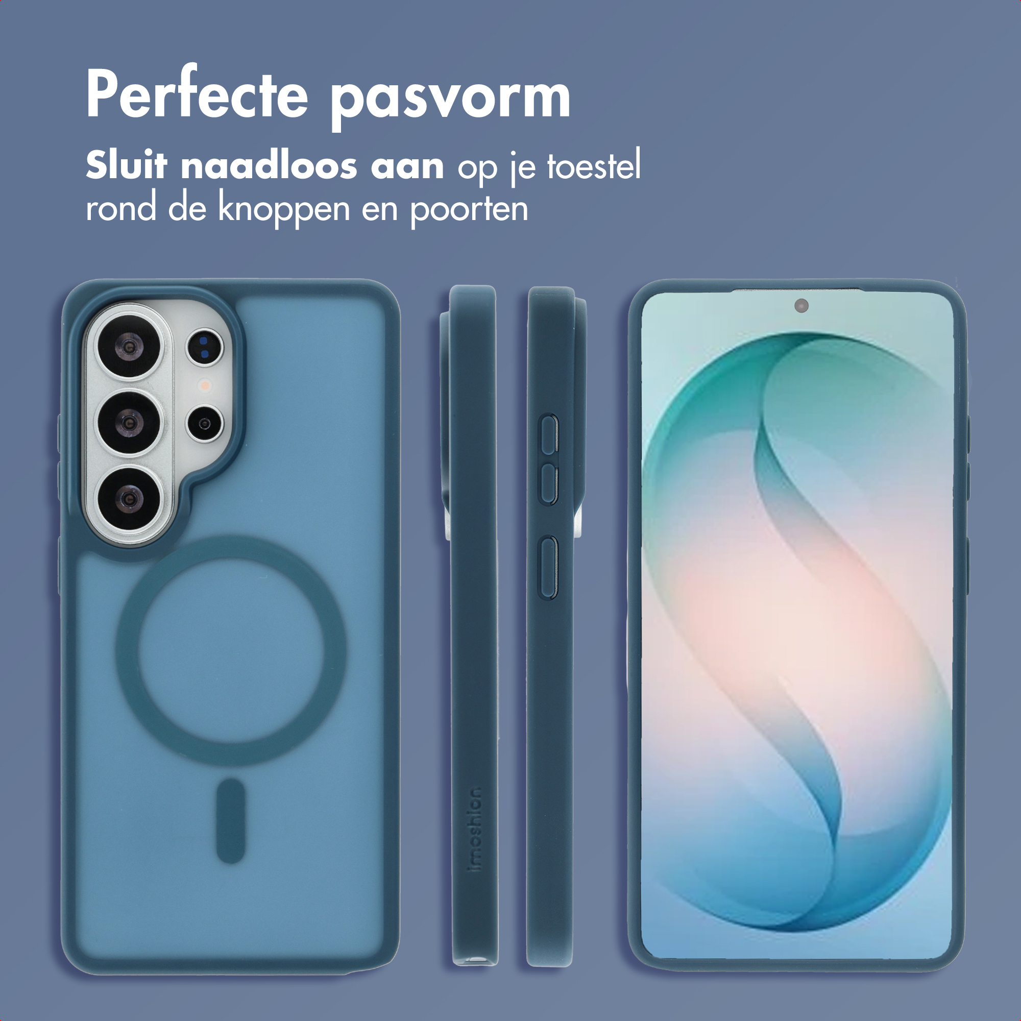 Blauw telefoonhoesje met camera's en scherm. Perfecte pasvorm.