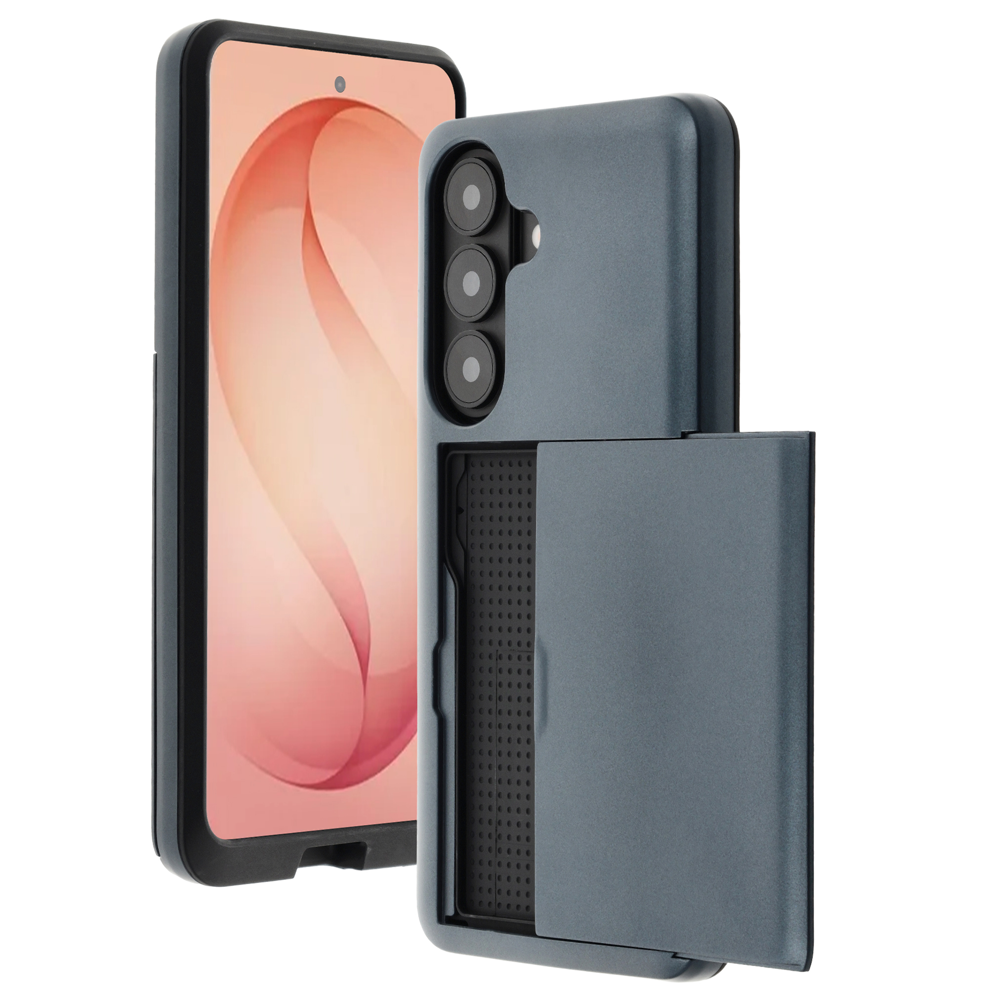 Grijze telefoon met kaartsleuf en drie camera's op witte achtergrond.