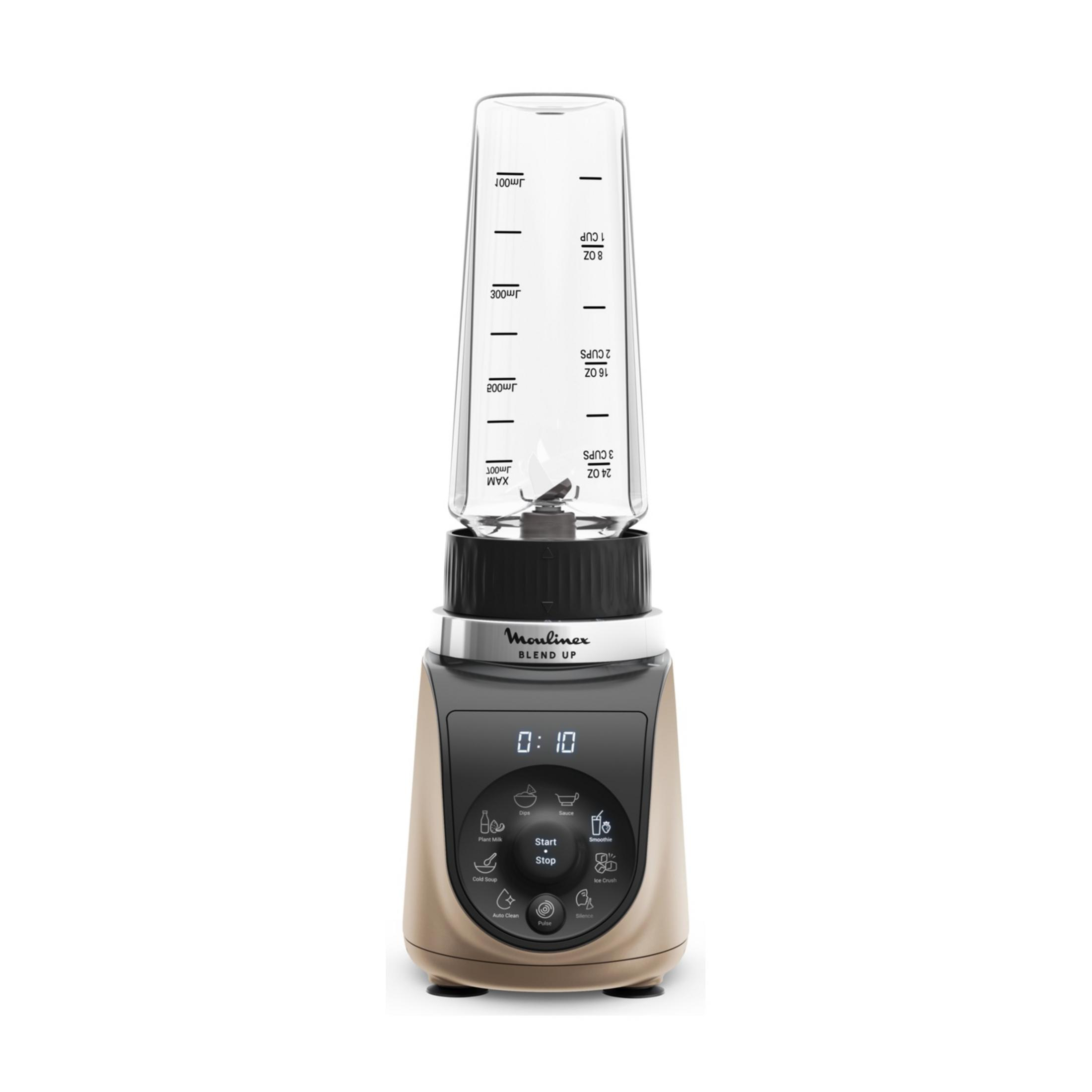 Un frullatore da banco dorato con barattolo in vetro, display digitale e vari pulsanti.