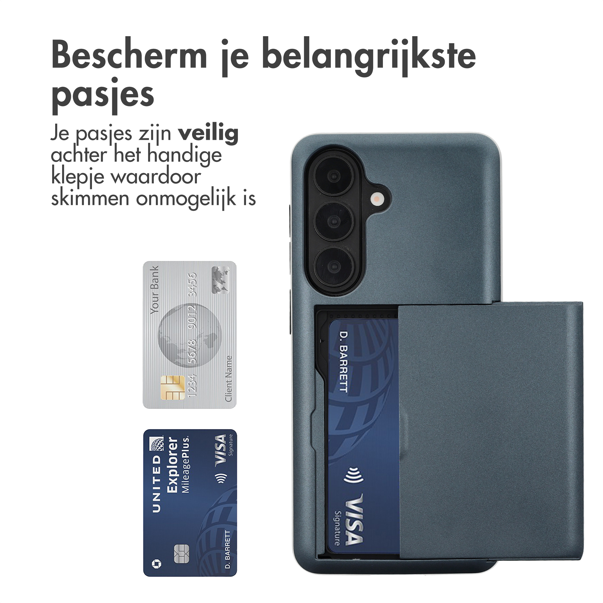 Grijze telefoonhoes met kaarthouder toont twee creditcards.