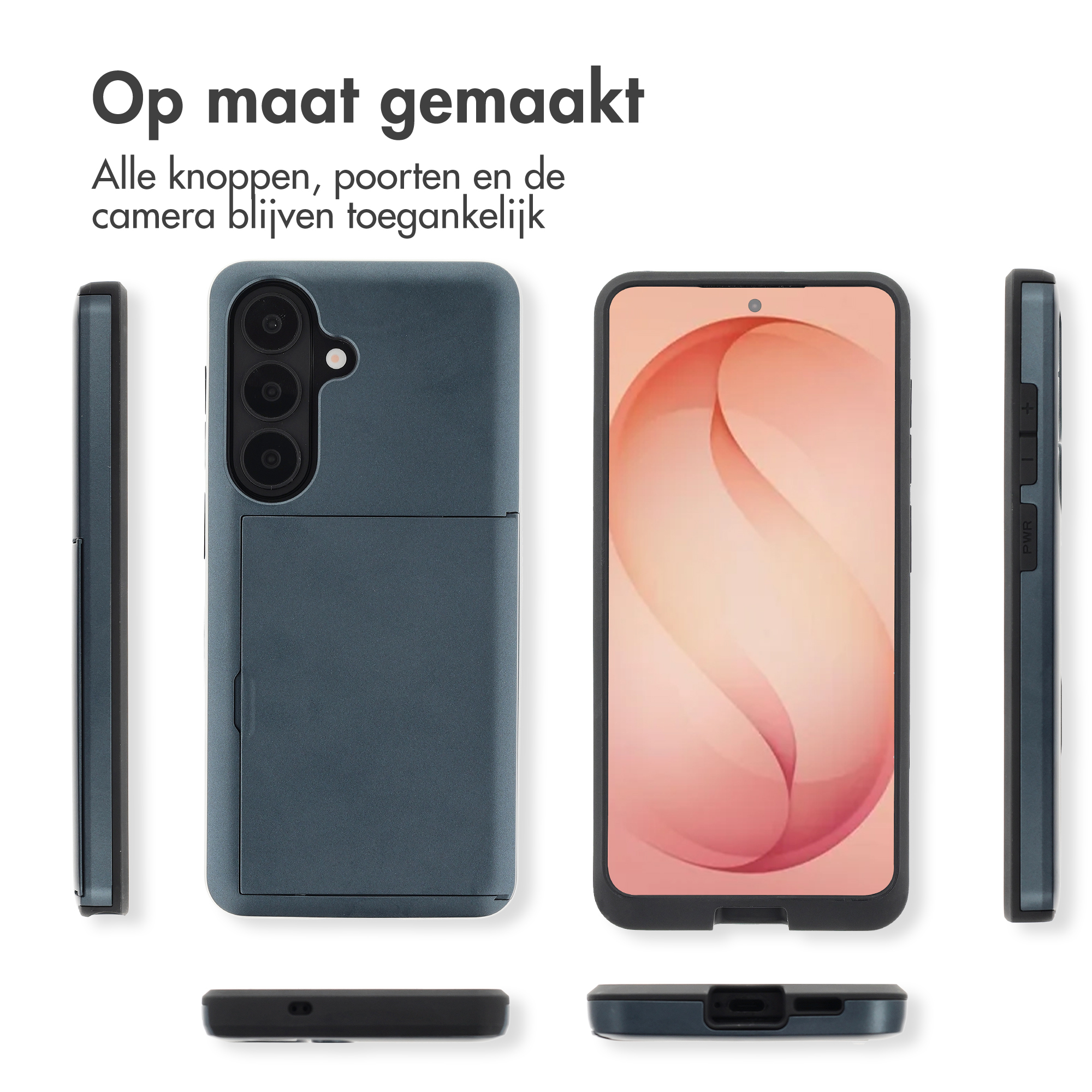 Een donkergrijze telefoonhoes getoond vanuit meerdere hoeken.