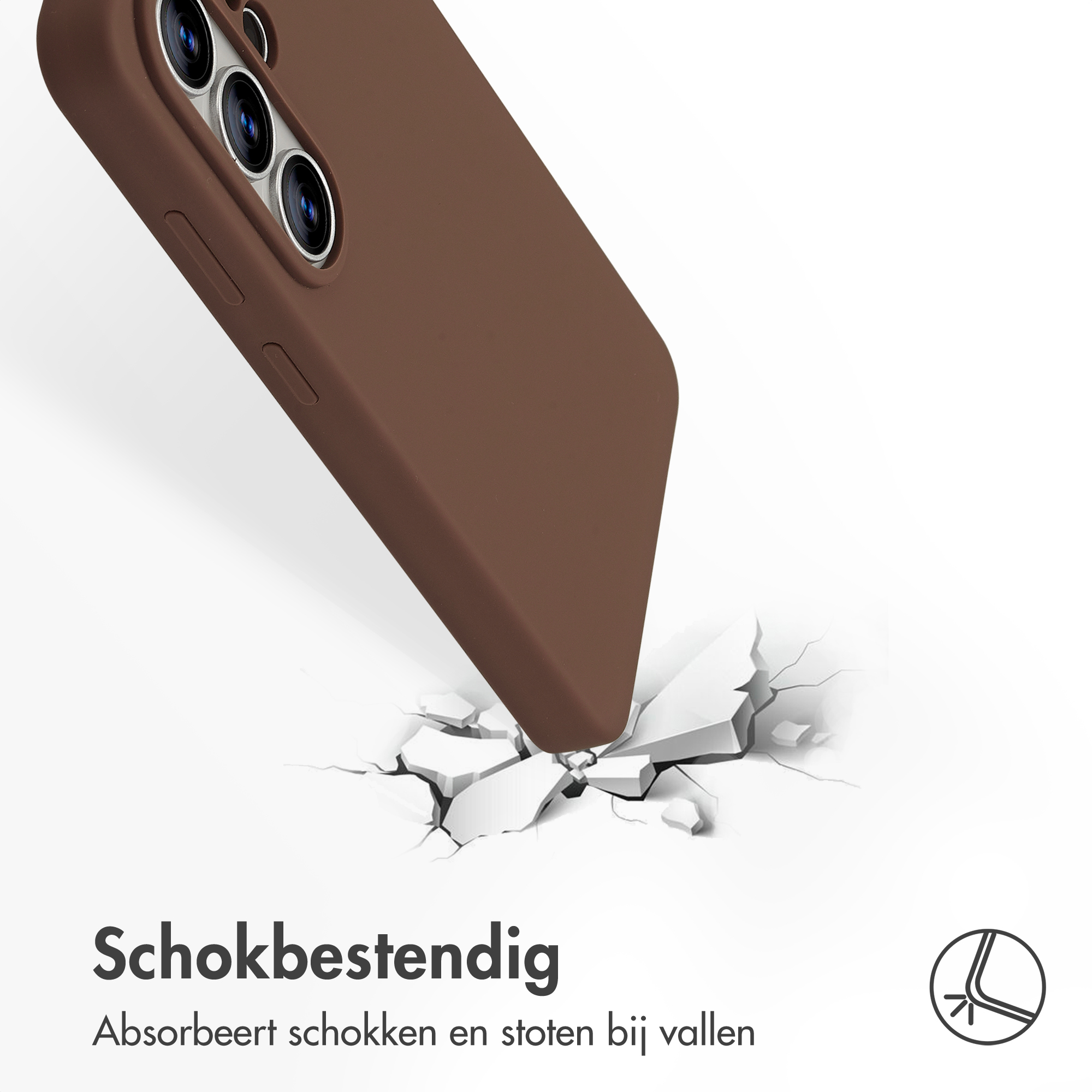 Bruine telefoonhoes valt op witte ondergrond, breekt.