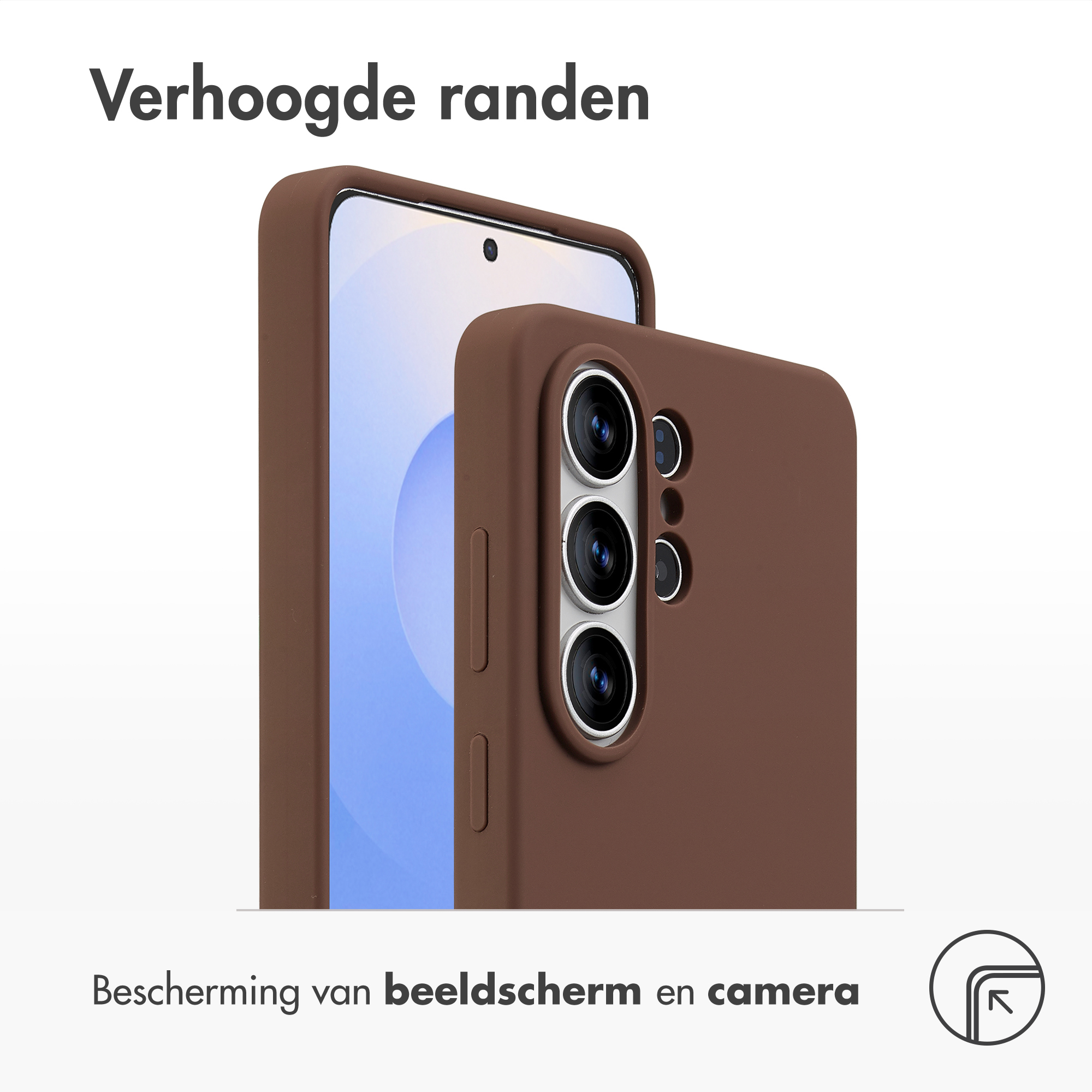 Bruine telefoonhoes met drie camera's en verhoogde rand.