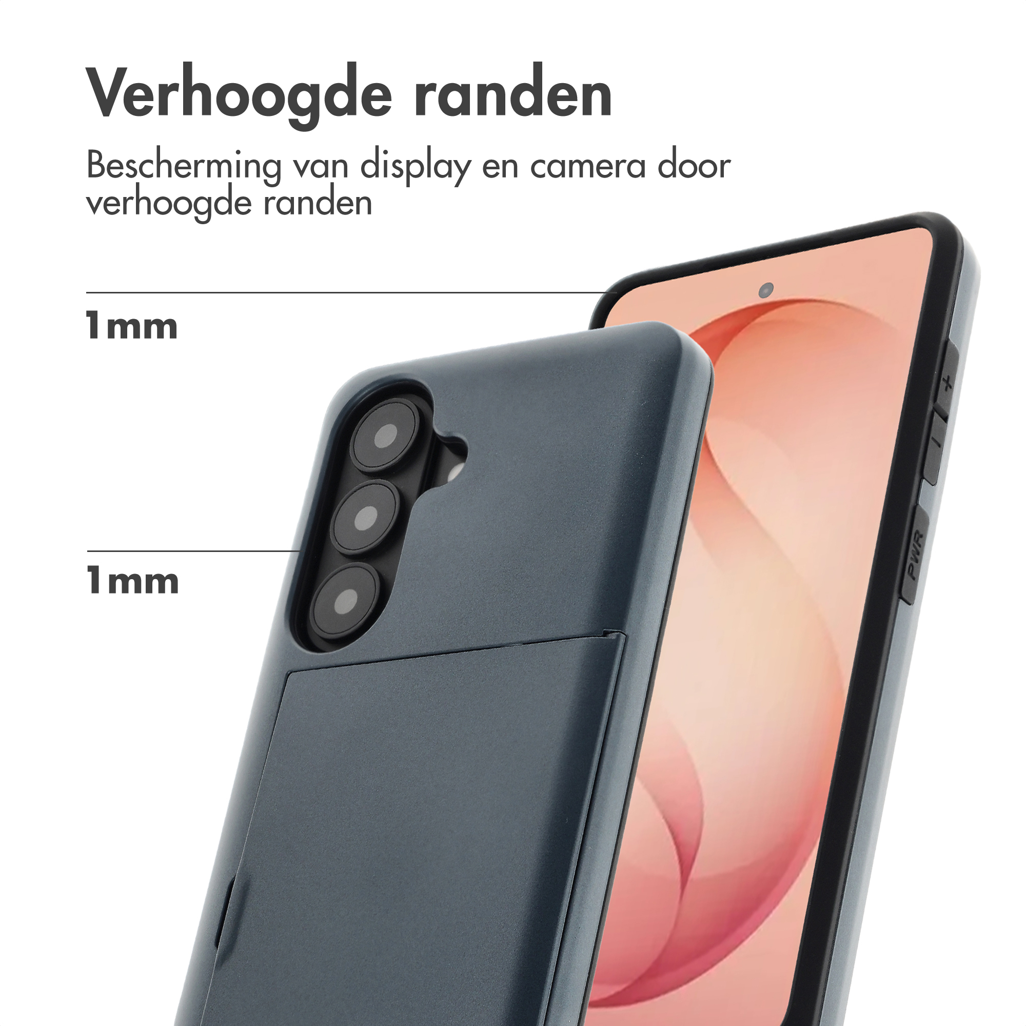 Donkergrijs hoesje toont 1mm verhoogde randen voor scherm en camera.