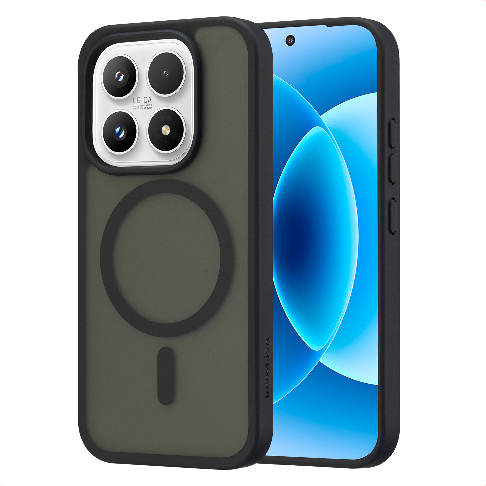 Een telefoon met vier camera's en een hoesje op witte achtergrond.