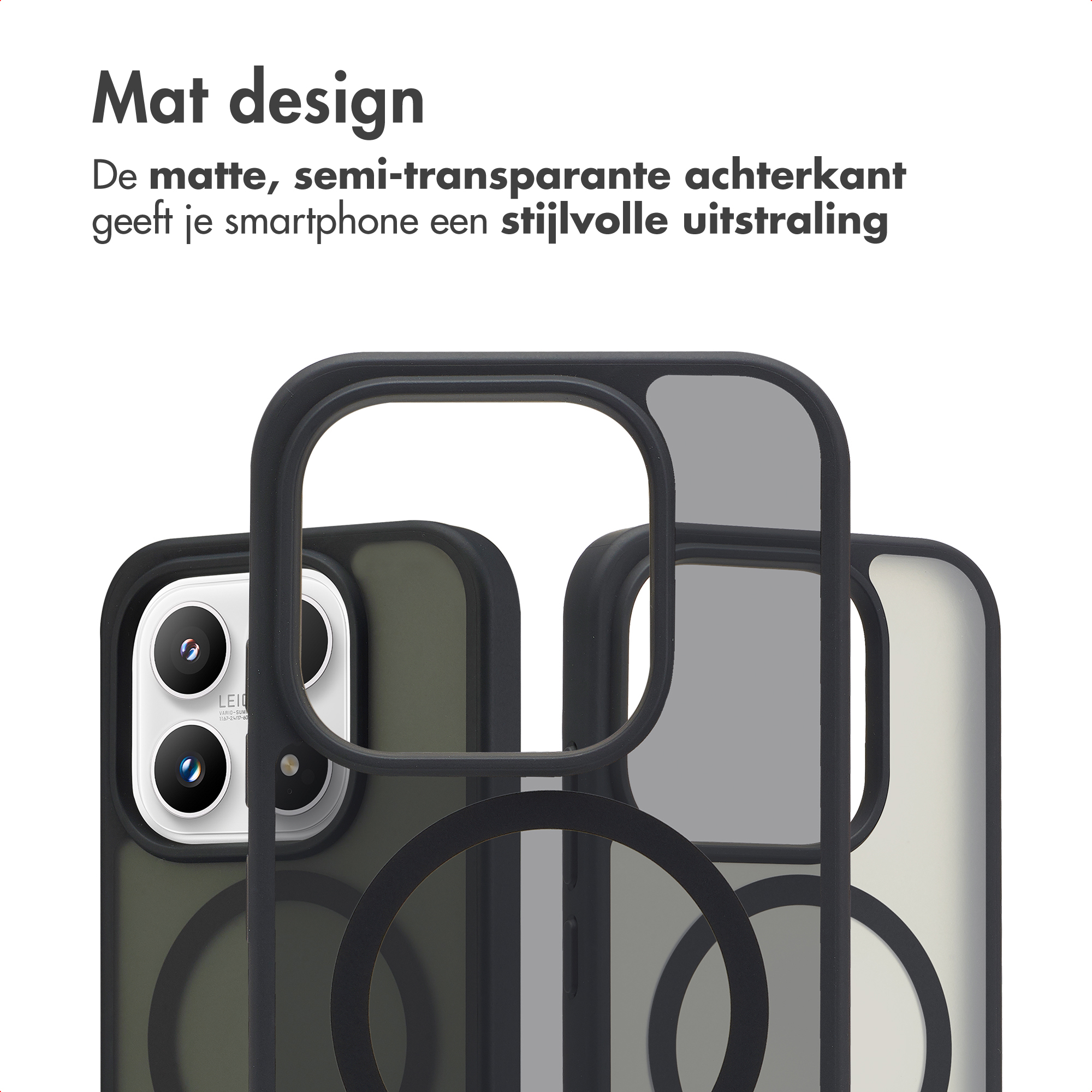 Drie telefoonhoesjes met mat, semi-transparant design en camera's.