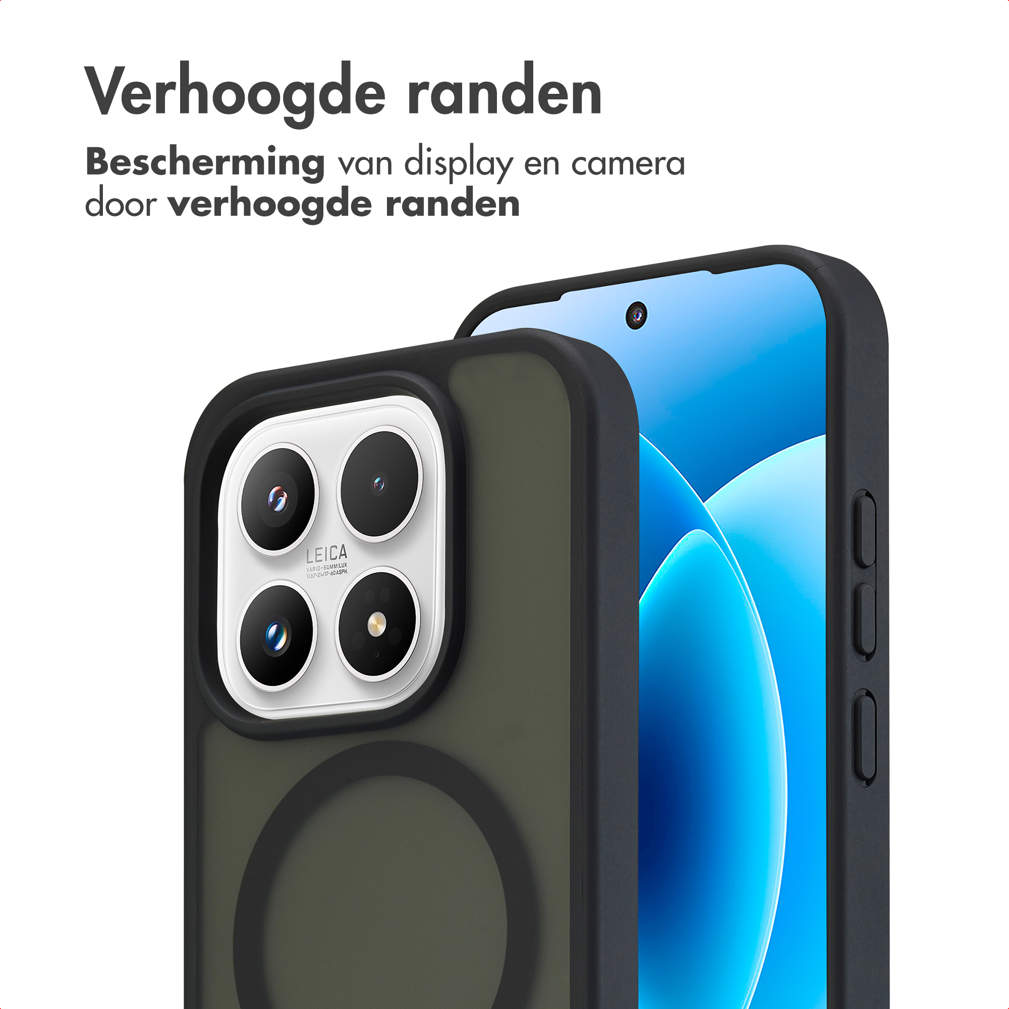 Een zwart telefoonhoesje met verhoogde randen beschermt het display en de camera.