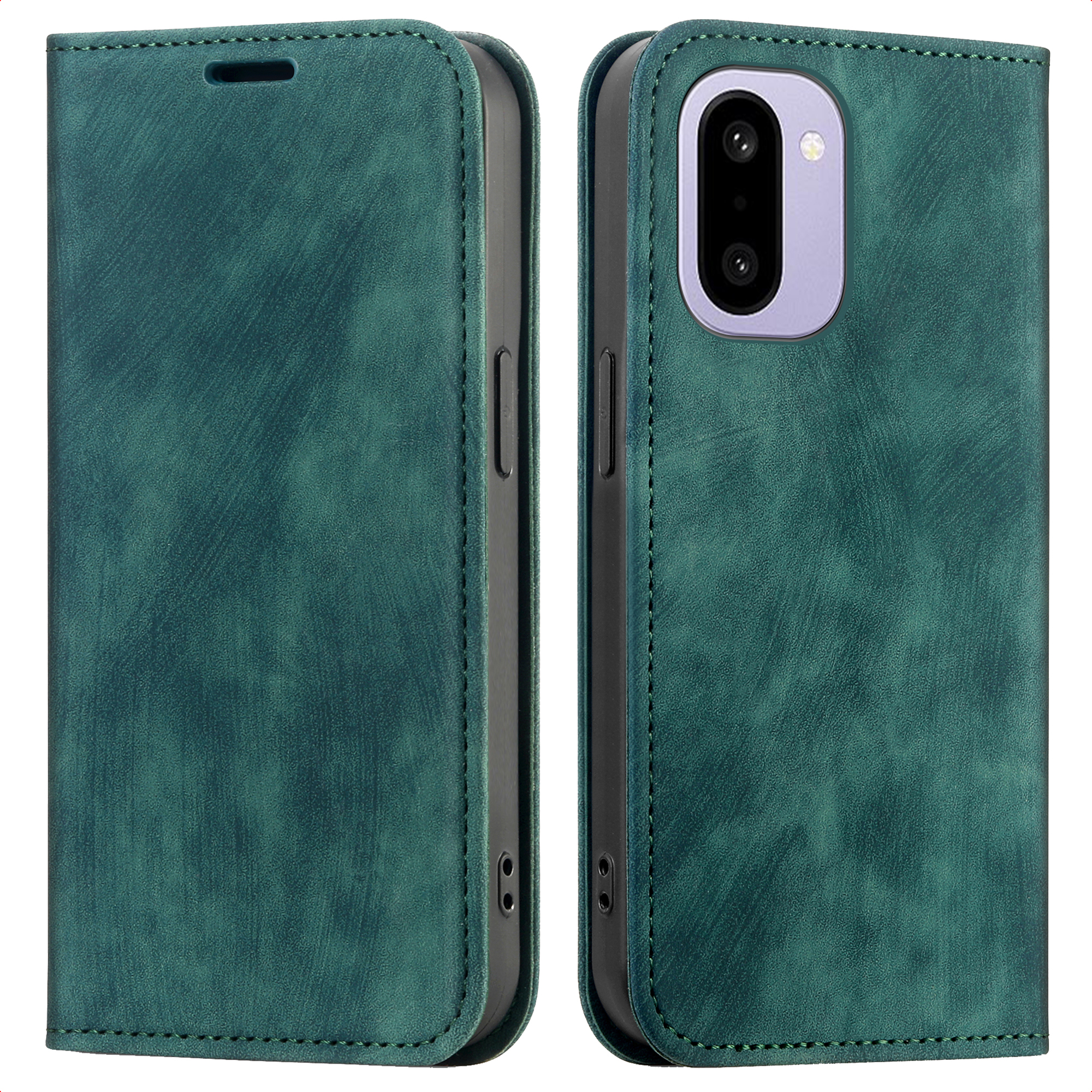 Étui de téléphone vert avec découpes pour appareil photo et coutures.