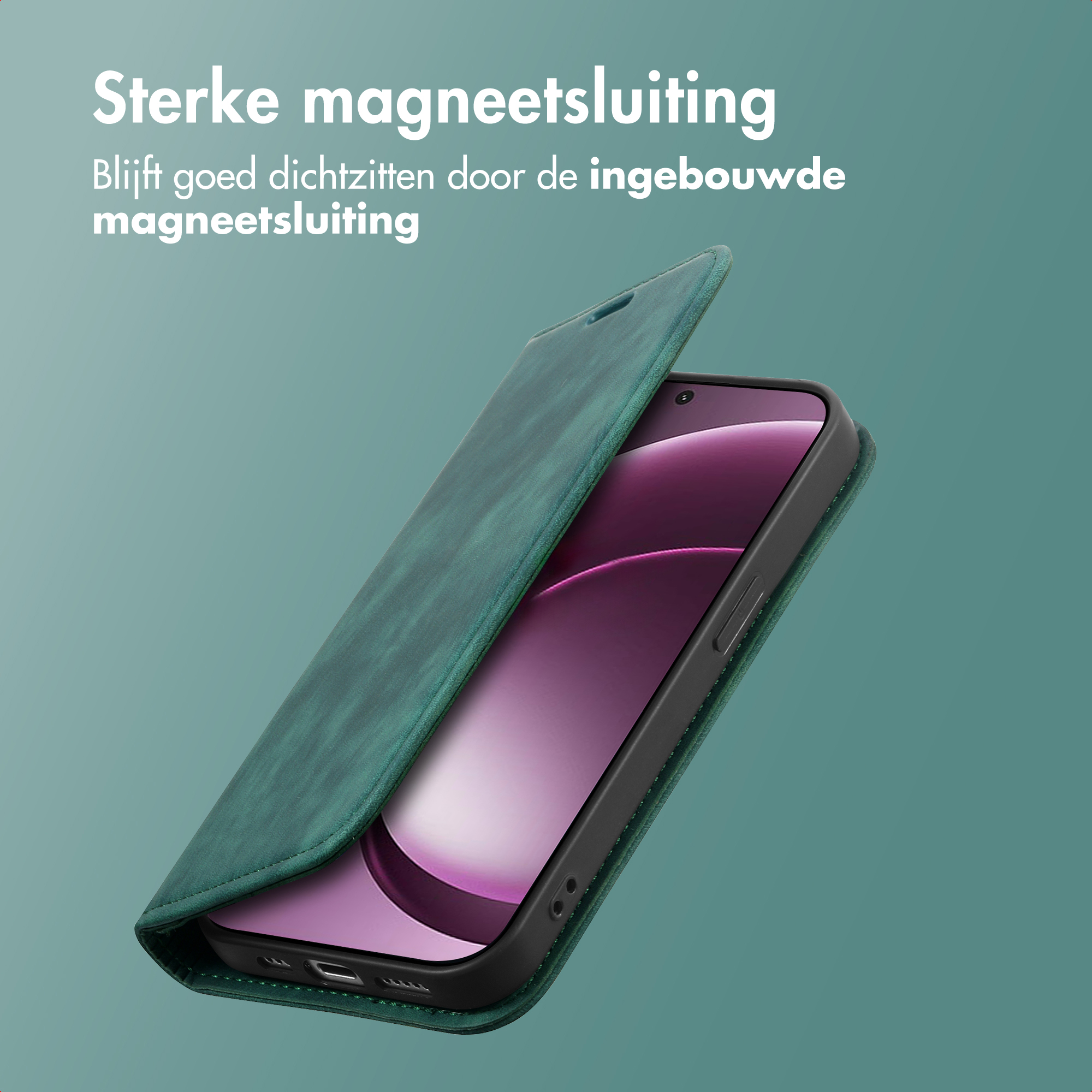 Étui de téléphone vert avec fermeture magnétique sur un téléphone.