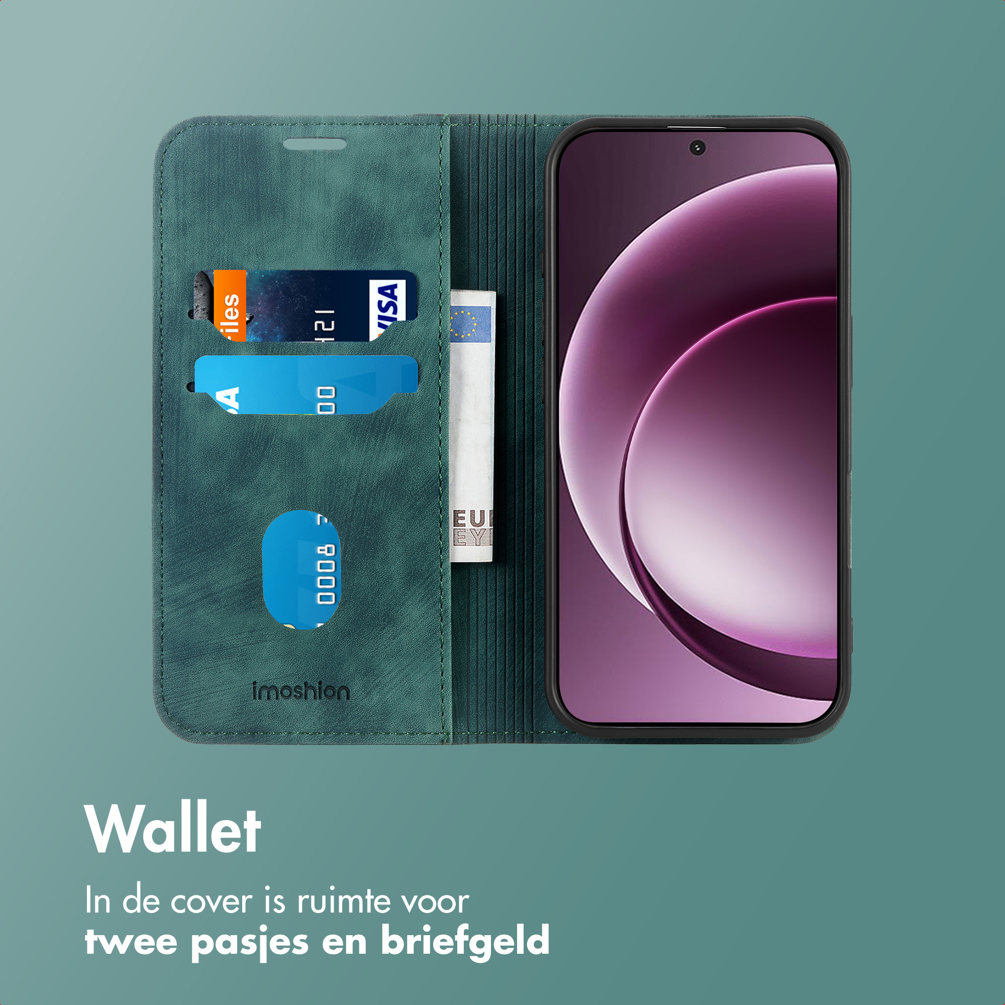 Étui de téléphone vert avec fentes pour cartes et poche à billets, montrant le téléphone.