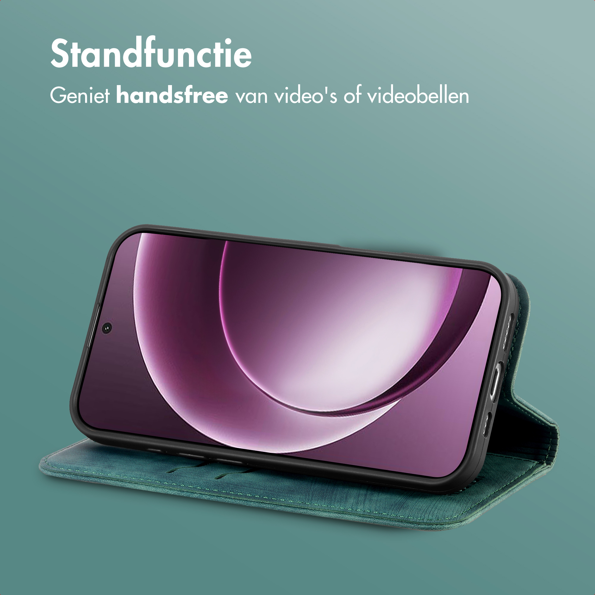 Un smartphone dans un étui vert avec fonction support, utilisé pour les vidéos.