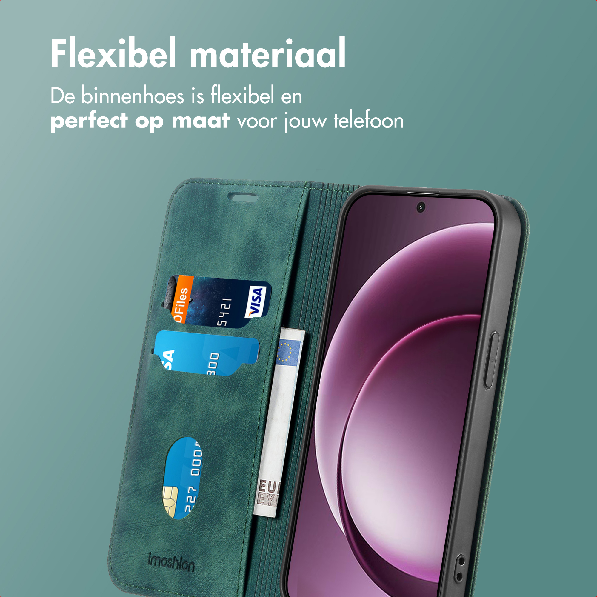 Étui de téléphone vert avec fentes pour cartes, carte Visa, billet euro et téléphone.