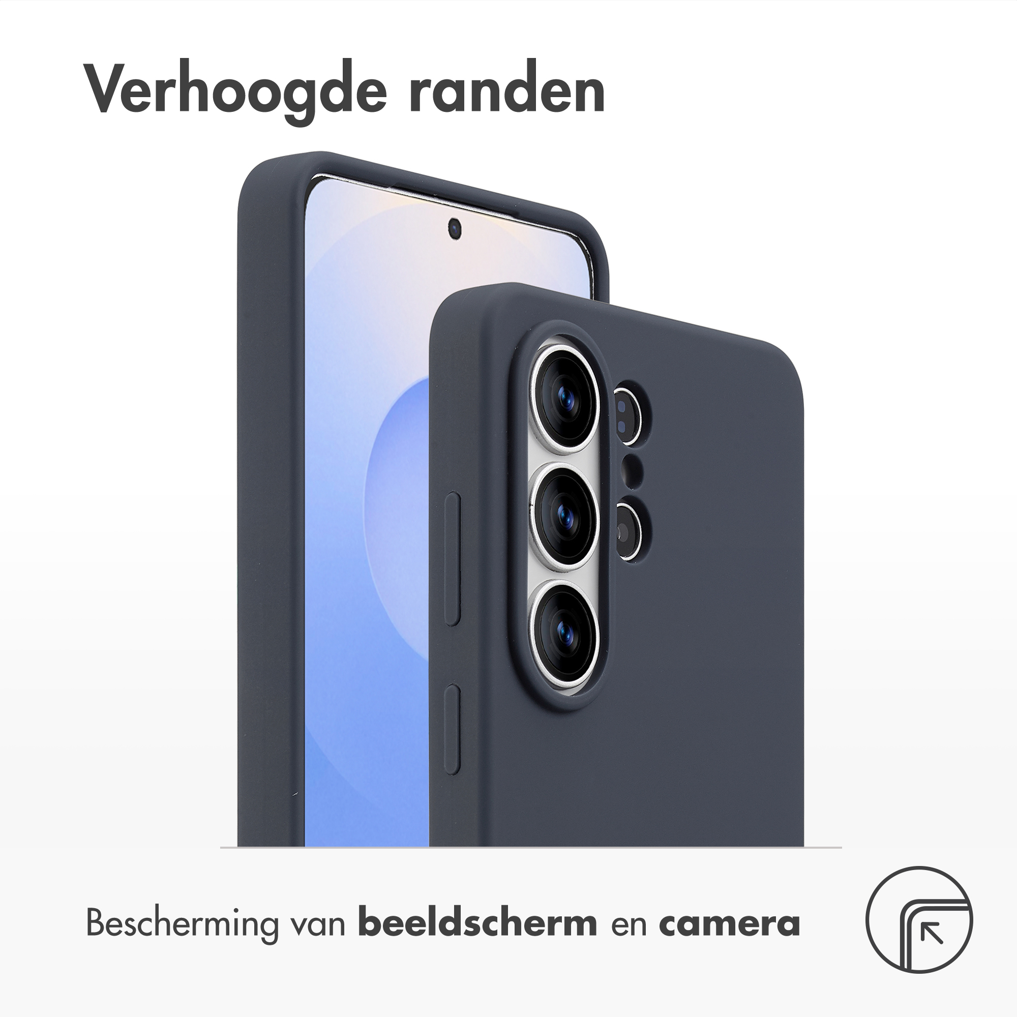 Een donkere telefoon met drievoudige camera en verhoogde randen.