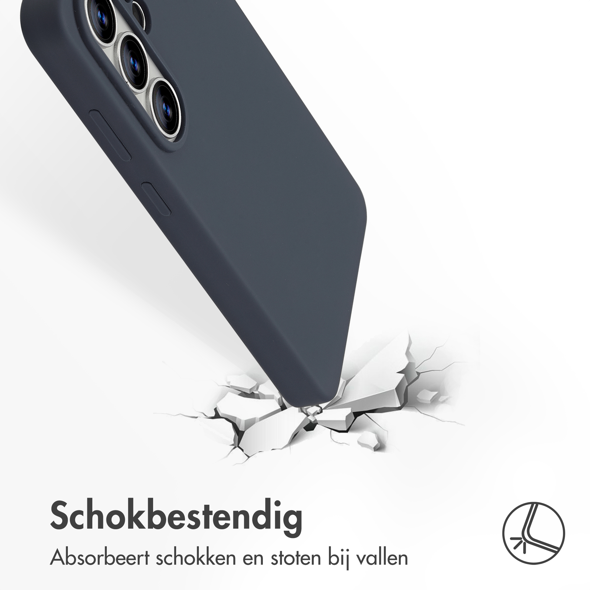 Donkergrijs telefoonhoesje breekt door witte ondergrond. Schokbestendig.