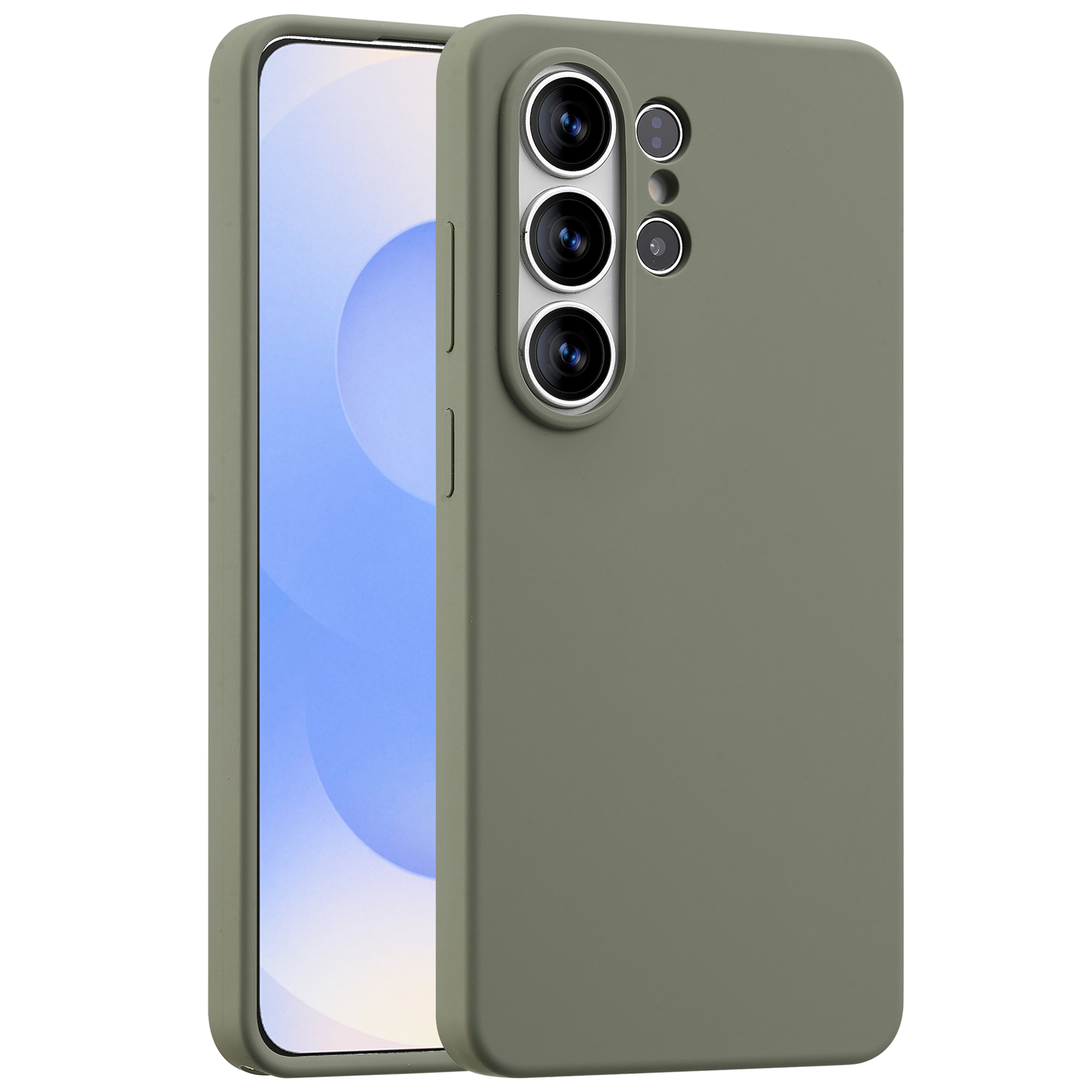 Grijze telefoonhoes met drievoudige camera en twee kleinere lenzen.