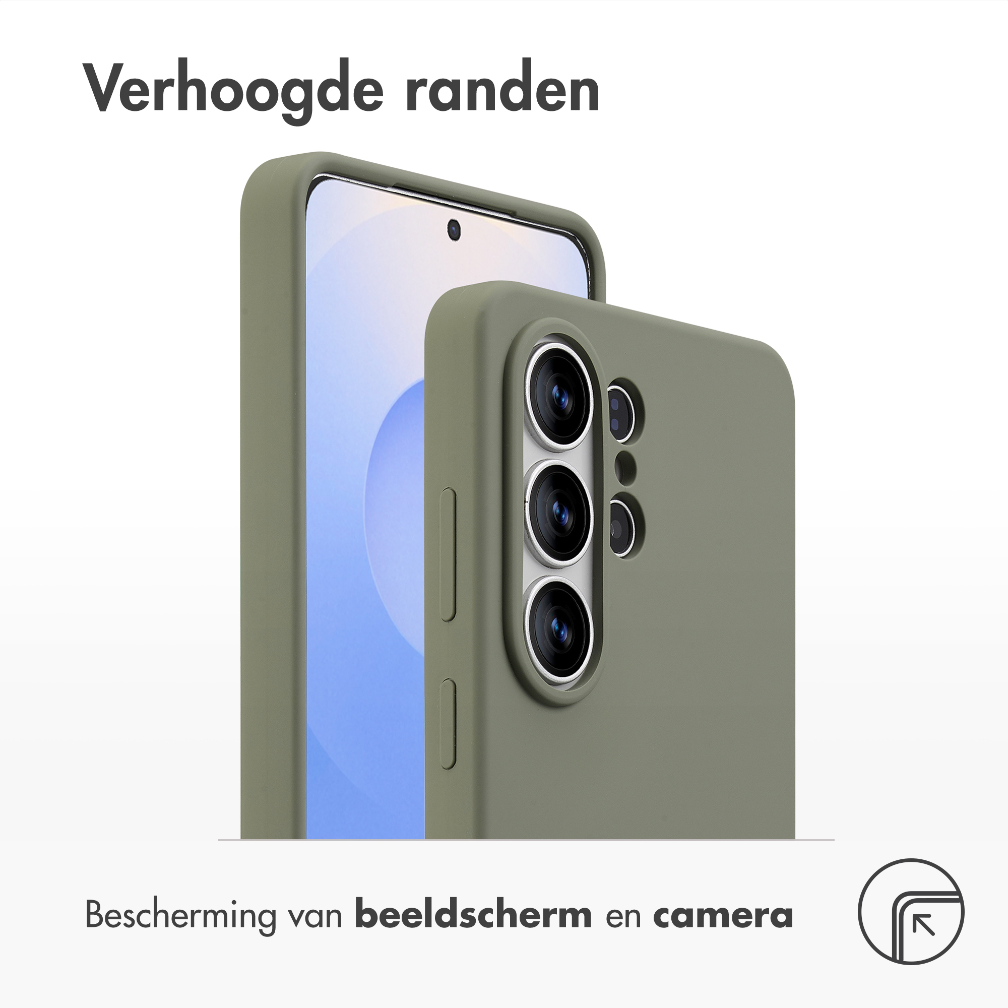 Een groene telefoonhoes met verhoogde randen beschermt scherm en camera.