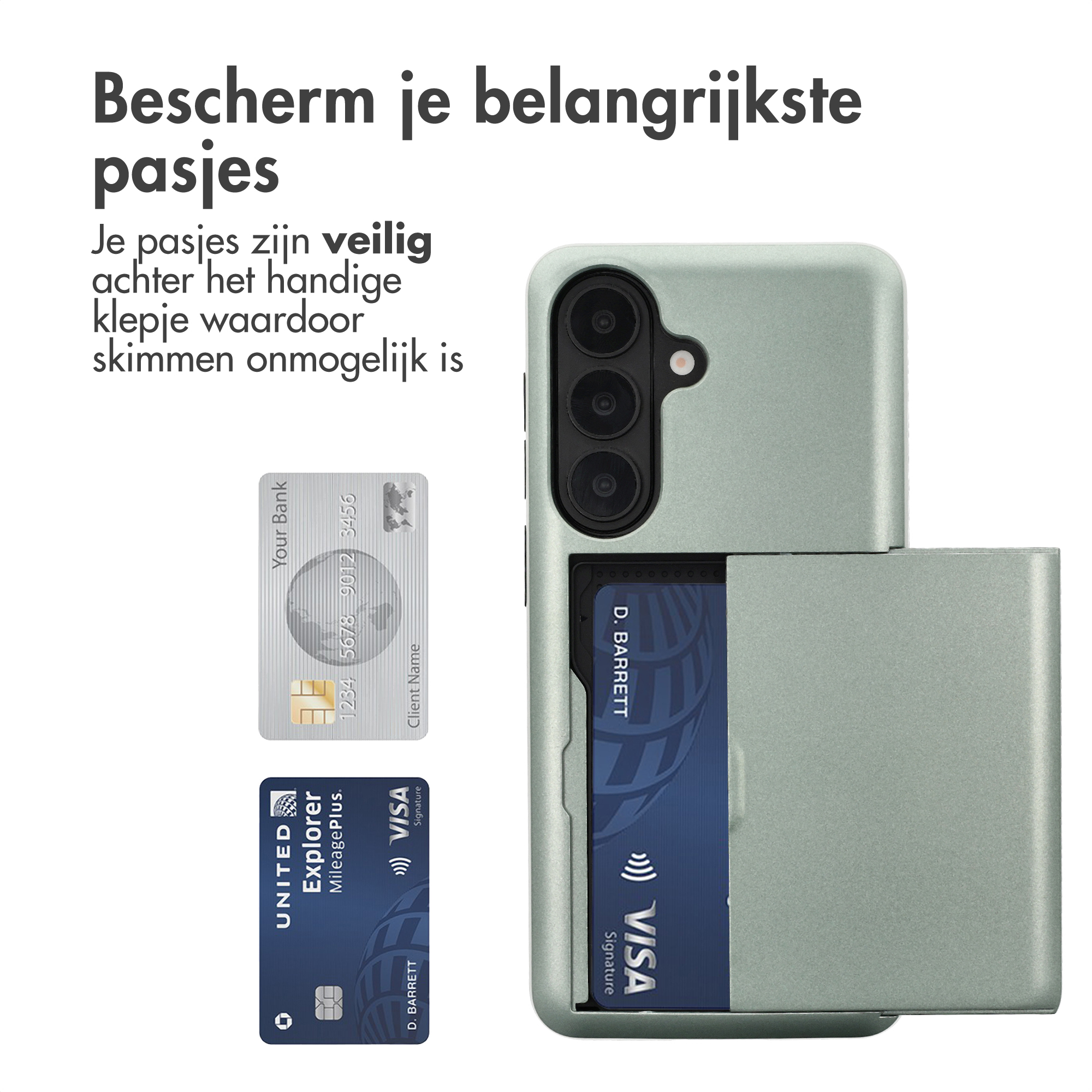 Groene telefoonhoes met kaarthouder toont twee creditcards.