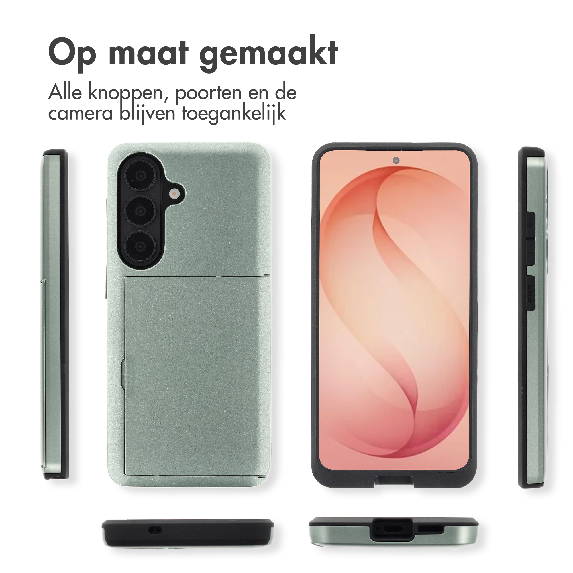 Een lichtgroene telefoonhoes wordt vanuit meerdere hoeken getoond.