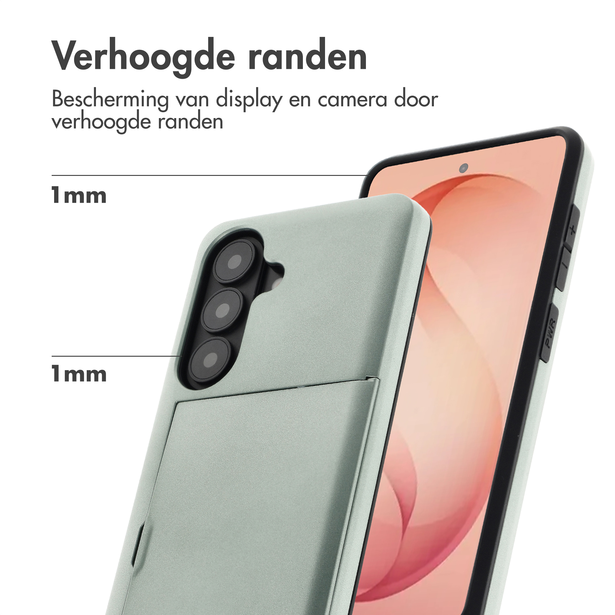 Een groene telefoonhoes met verhoogde randen en cameralenzen.