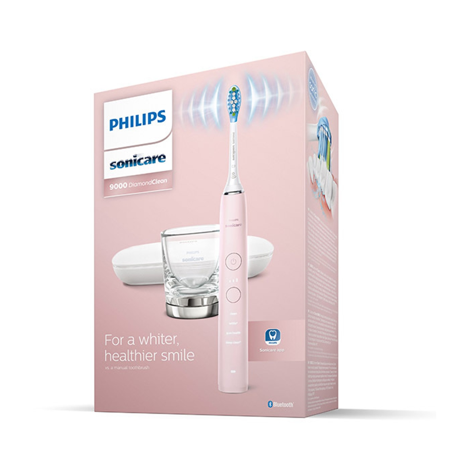 Caja de cepillo de dientes Philips Sonicare DiamondClean rosa con cepillo, vaso de carga y estuche.