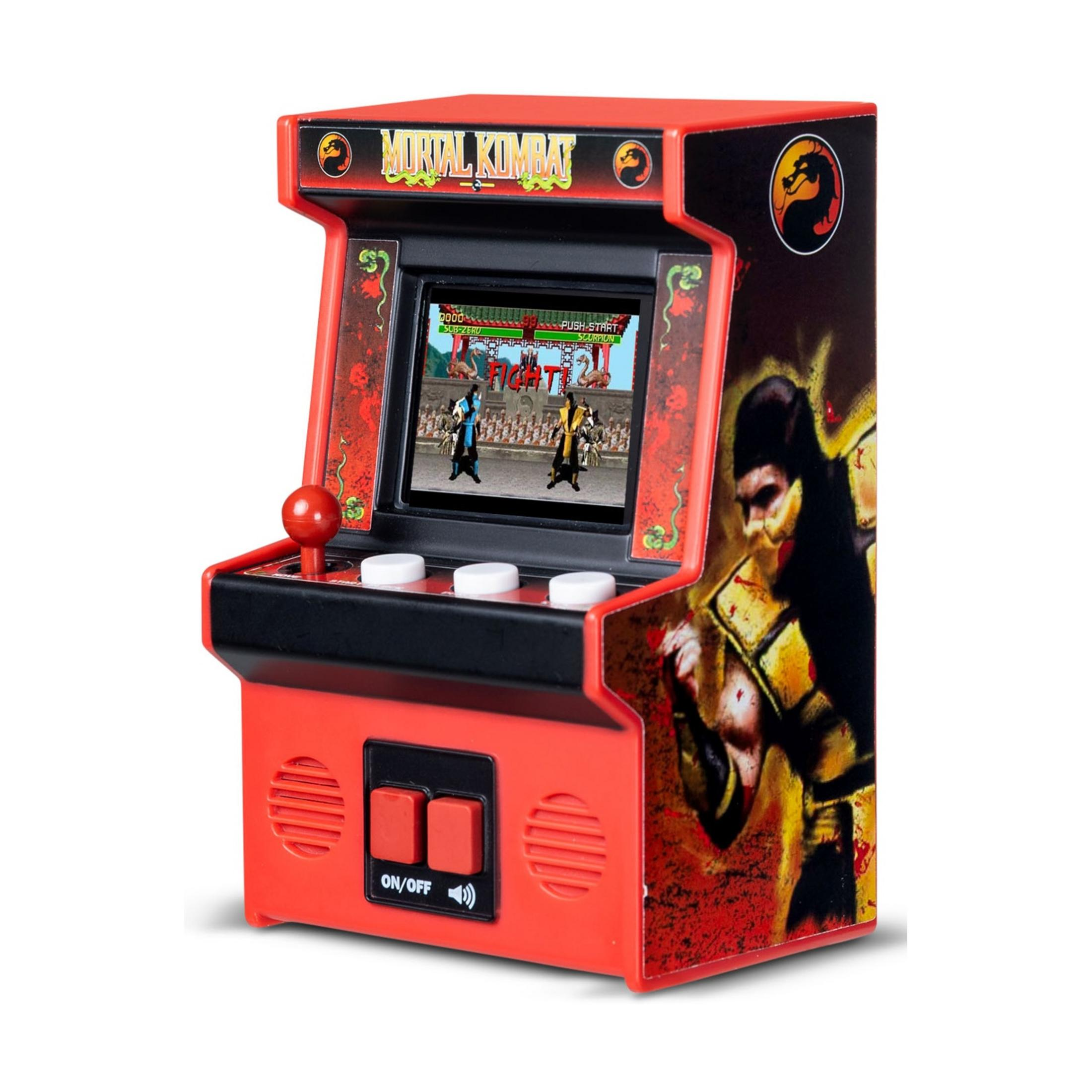 Un mini gioco arcade rosso Mortal Kombat con joystick e pulsanti.