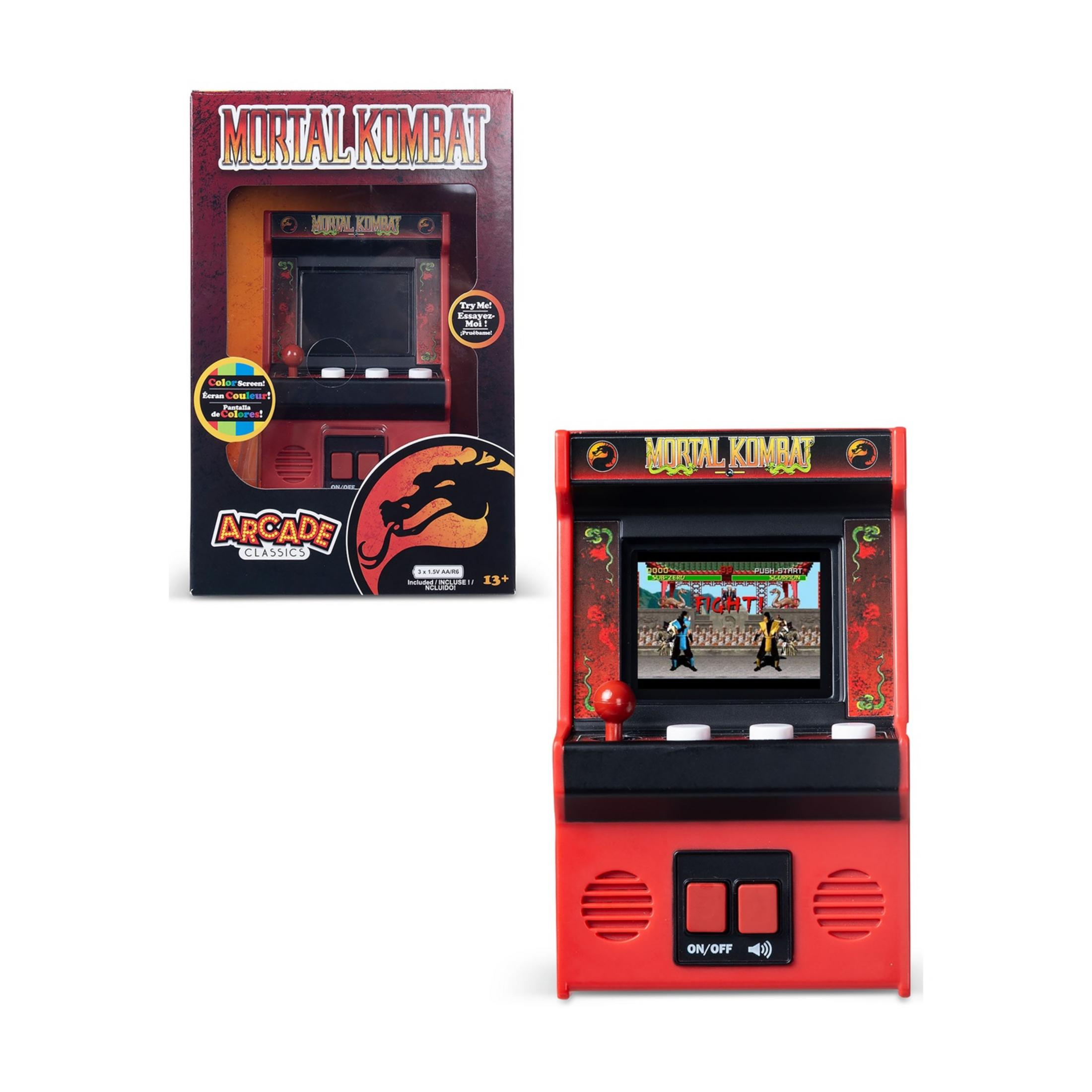 Un gioco arcade rosso di Mortal Kombat con schermo e joystick. È nella sua confezione.