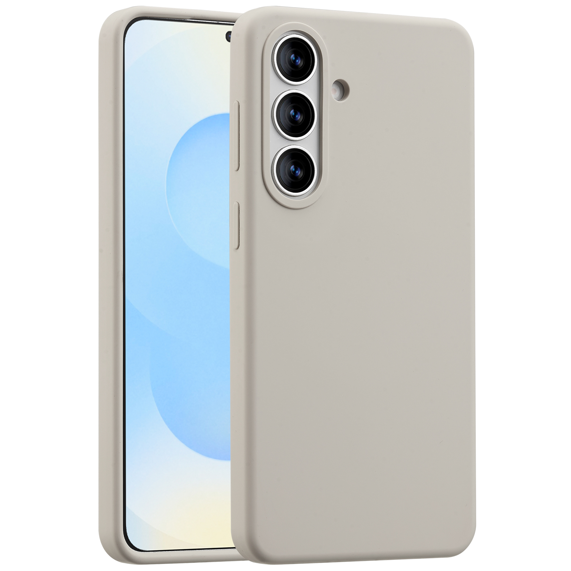 Een lichtgrijze smartphone in een hoesje, met drie camera's aan de achterkant.