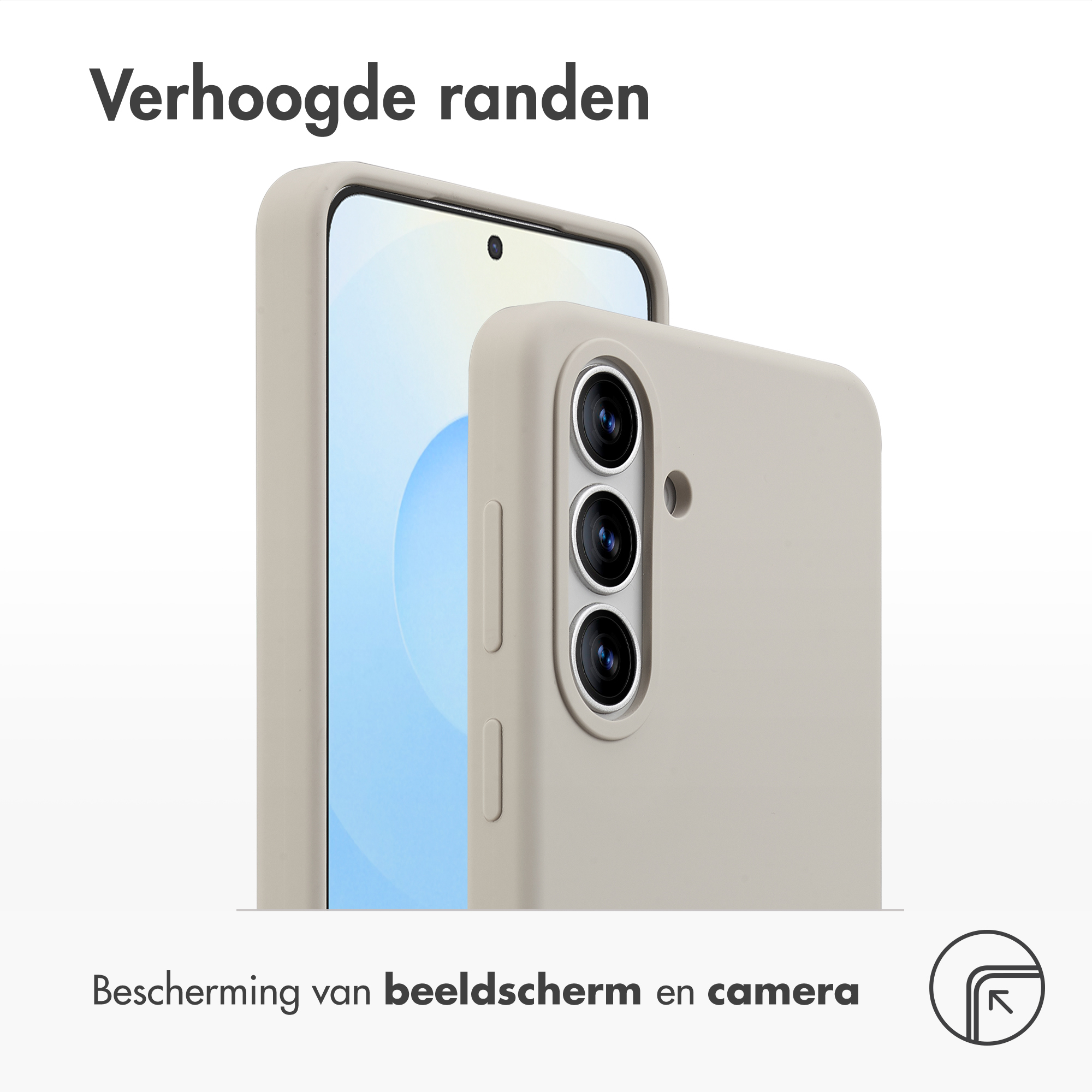 Een lichtgrijze telefoonhoes met verhoogde randen beschermt het scherm en de camera.