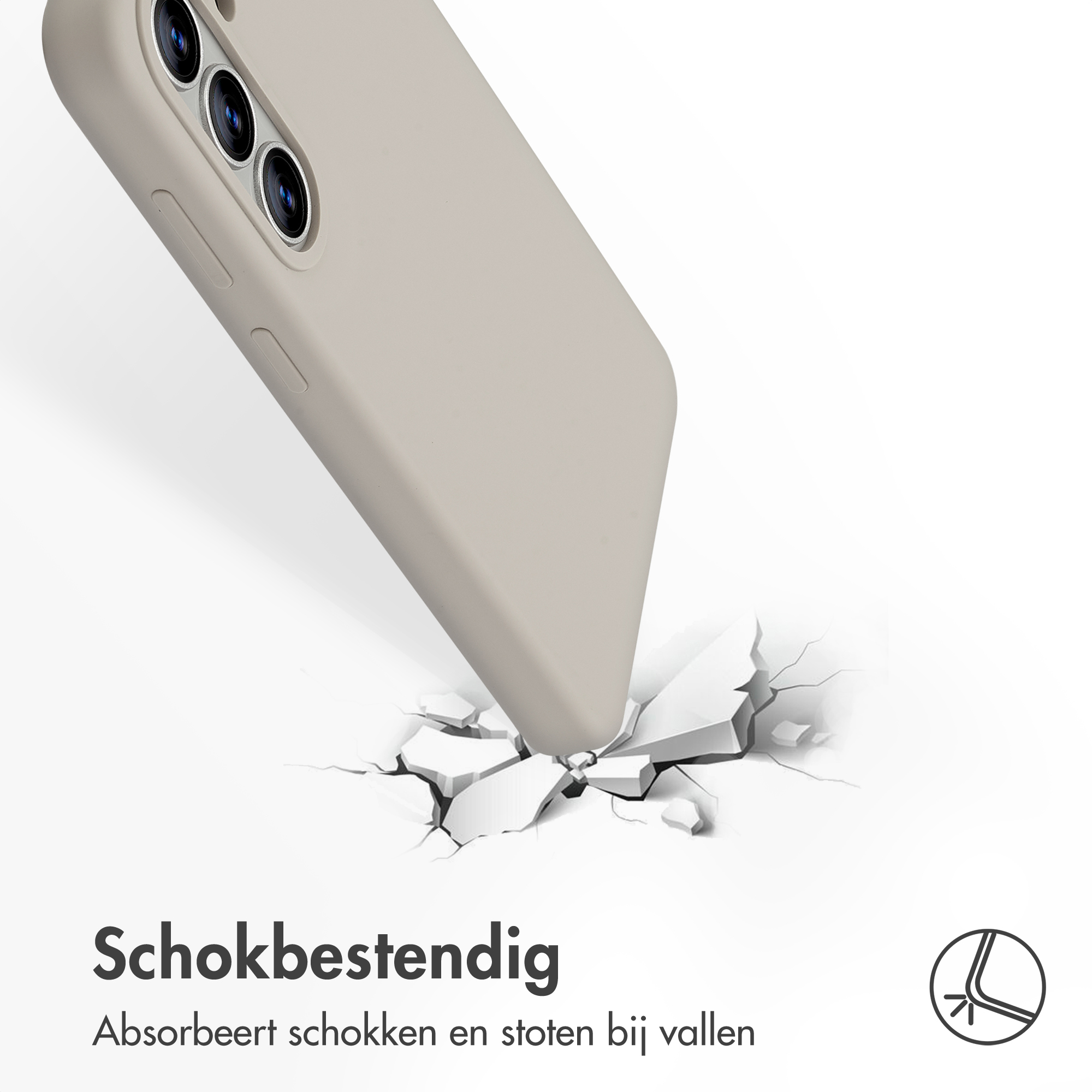 Een grijze telefoonhoes breekt door een wit oppervlak.