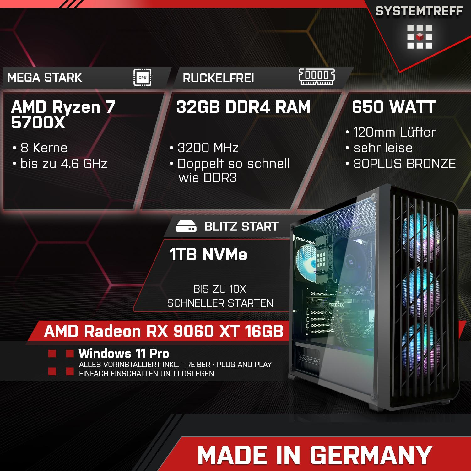 Gaming-PC mit AMD Ryzen 7, 32GB RAM, 650W Netzteil, 1TB NVMe SSD, RX 9060 XT.