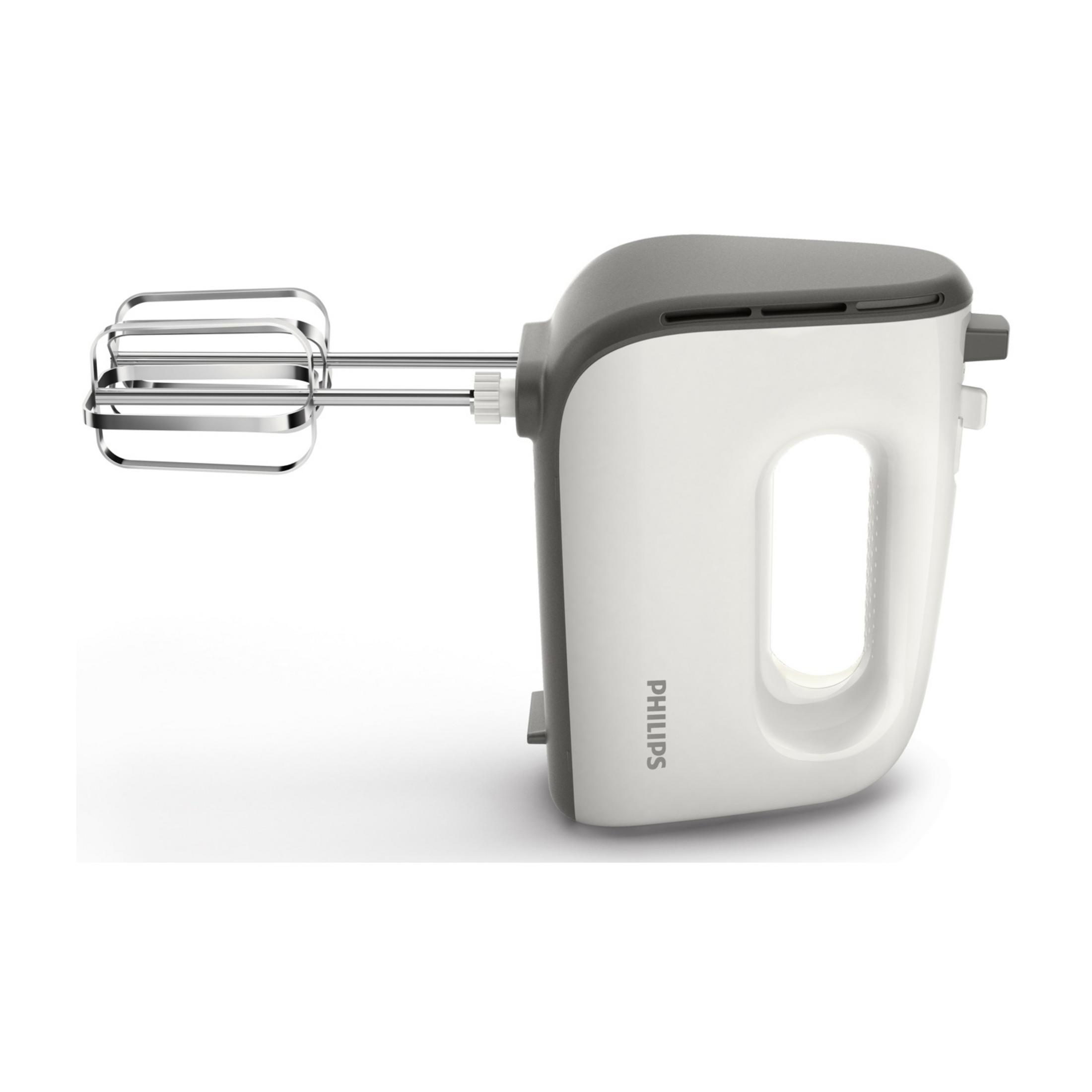 Biały mikser ręczny z szarą górą i metalowymi mieszadłami.