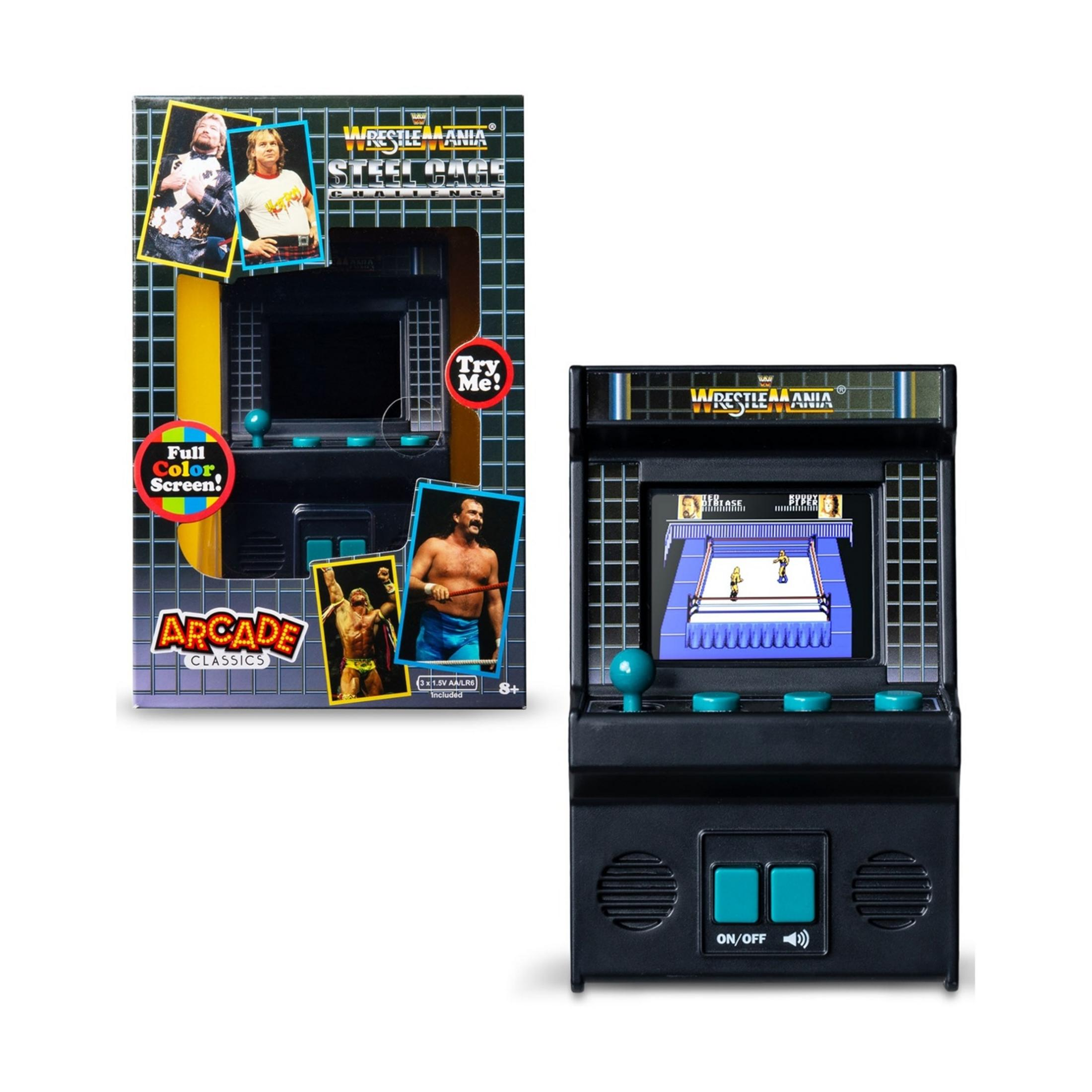 Una mini macchina arcade a tema Wrestlemania con due wrestler sulla scatola.