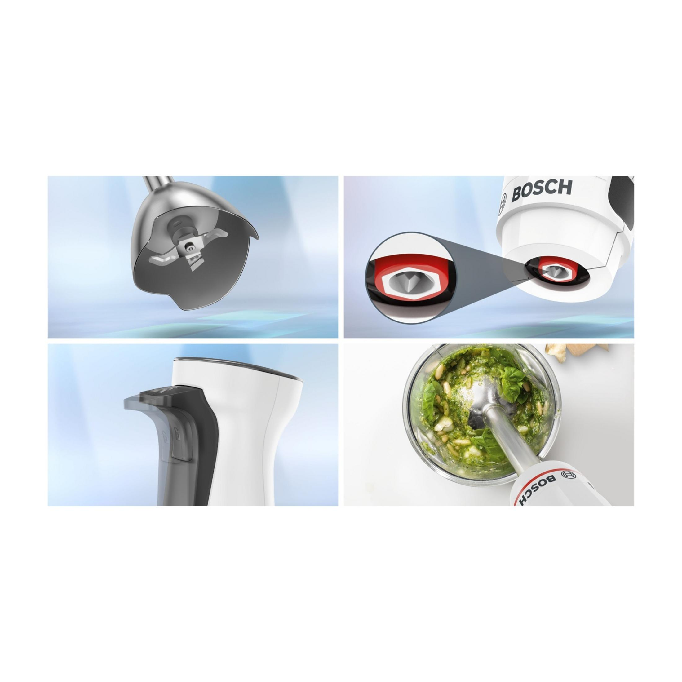 Zbliżenia blendera ręcznego i jego siekacza z dodatkami.