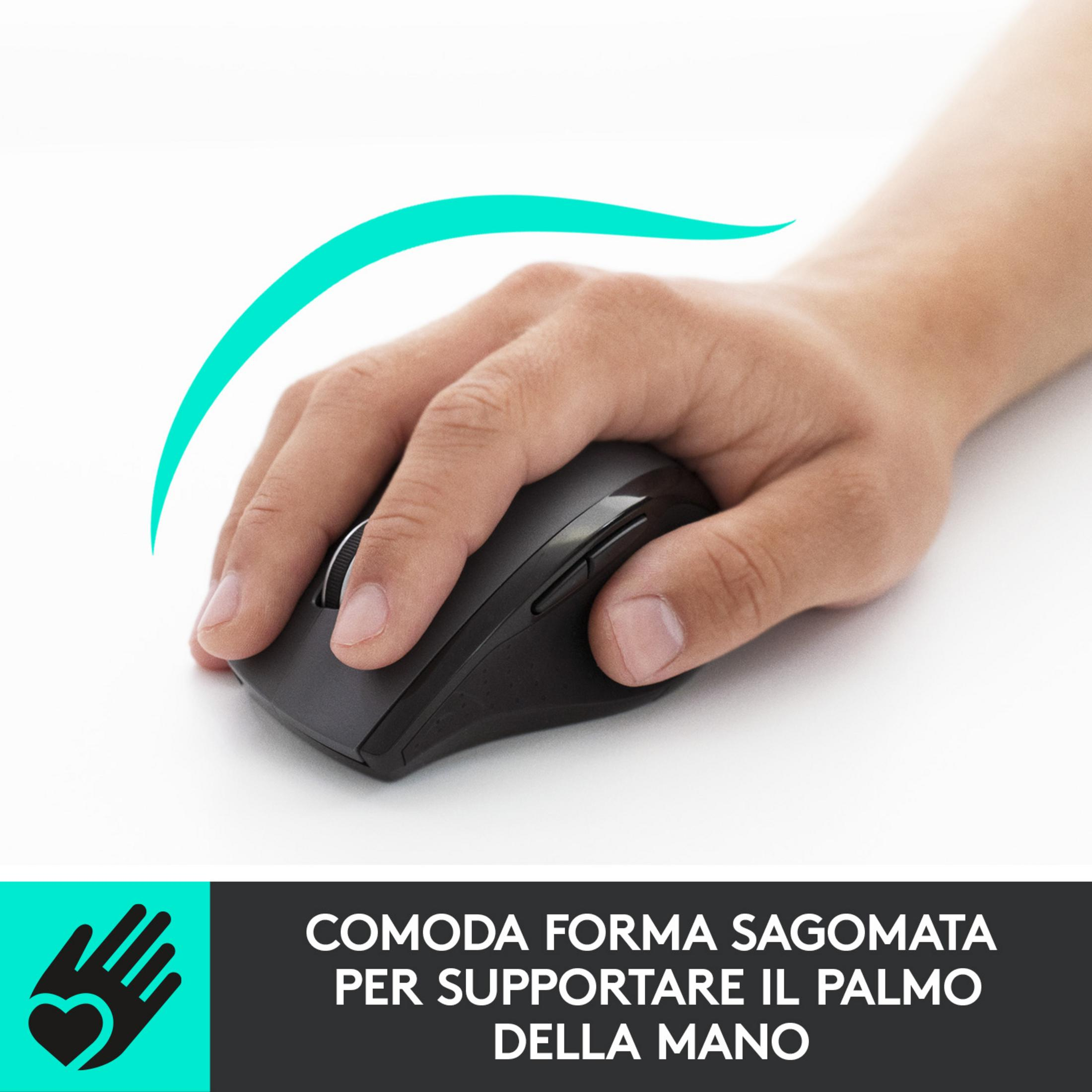 Eine Hand benutzt eine schwarze Computermaus mit einem blauen Bogen darüber.