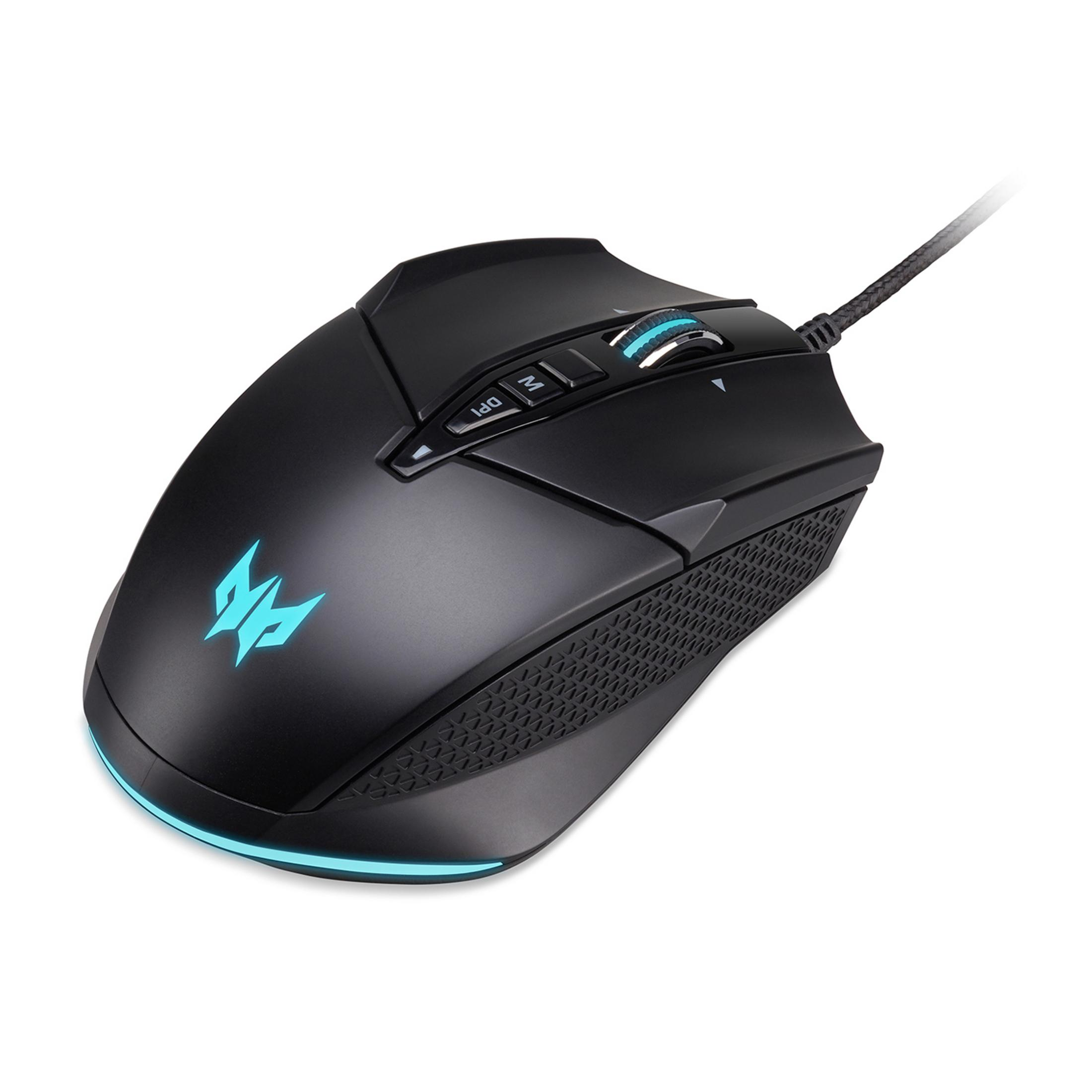 Czarna mysz gamingowa z niebieskim podświetlanym logo i rolką.